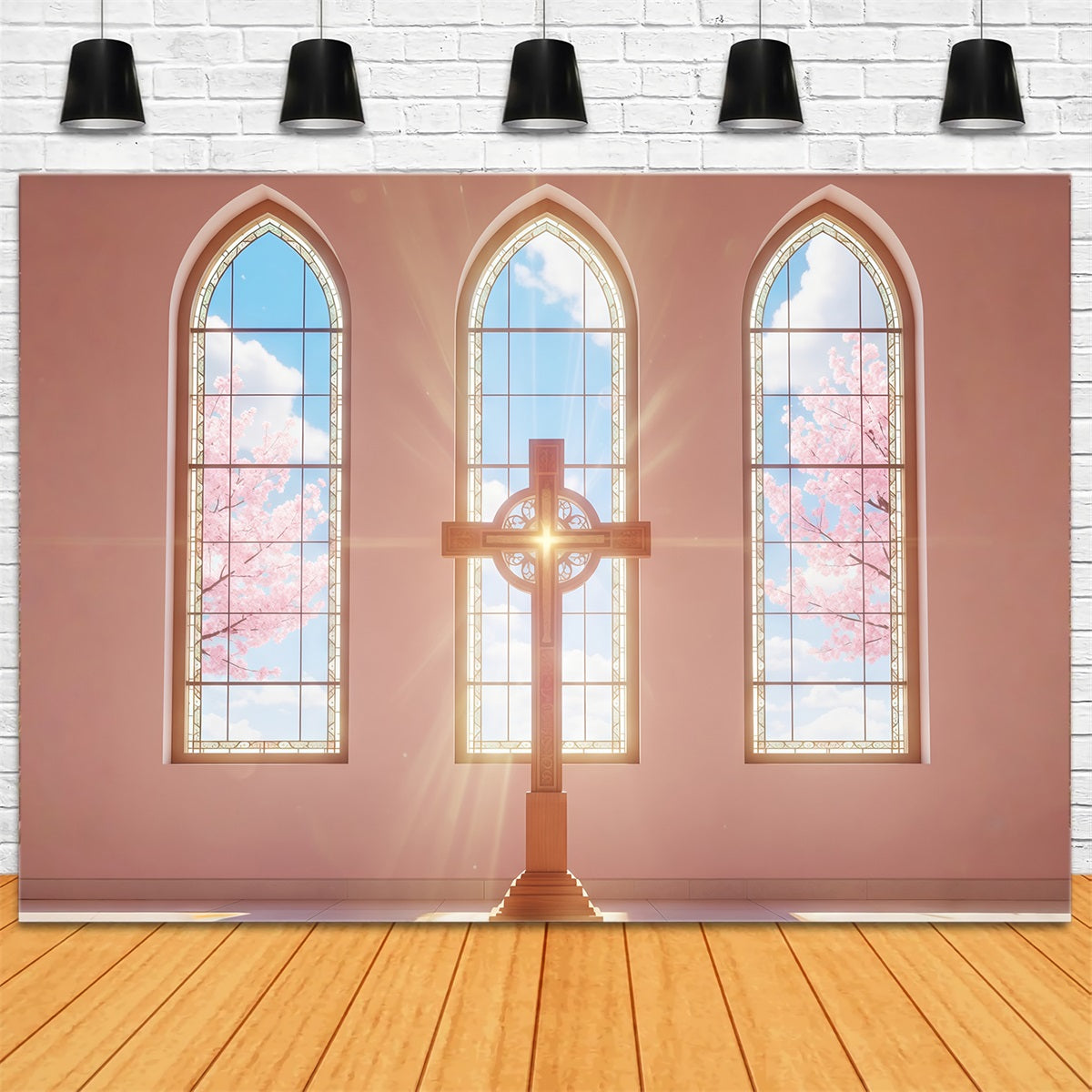 Oster-Fotohintergrund für Kirchen Sonnendurchflutete Kirchenfenster Kreuz Frohe Ostern-Hintergrund CSH61-6