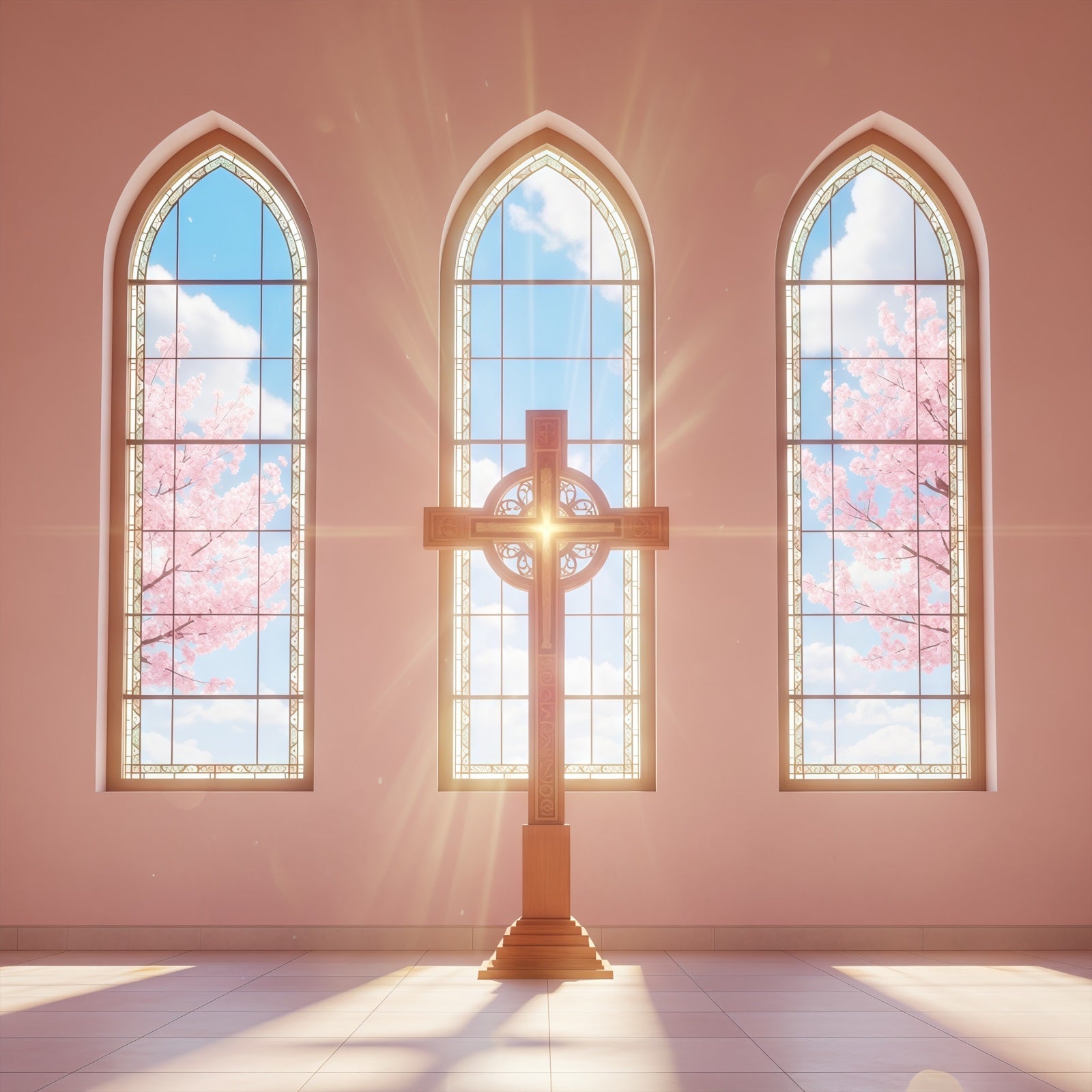 Oster-Fotohintergrund für Kirchen Sonnendurchflutete Kirchenfenster Kreuz Frohe Ostern-Hintergrund CSH61-6