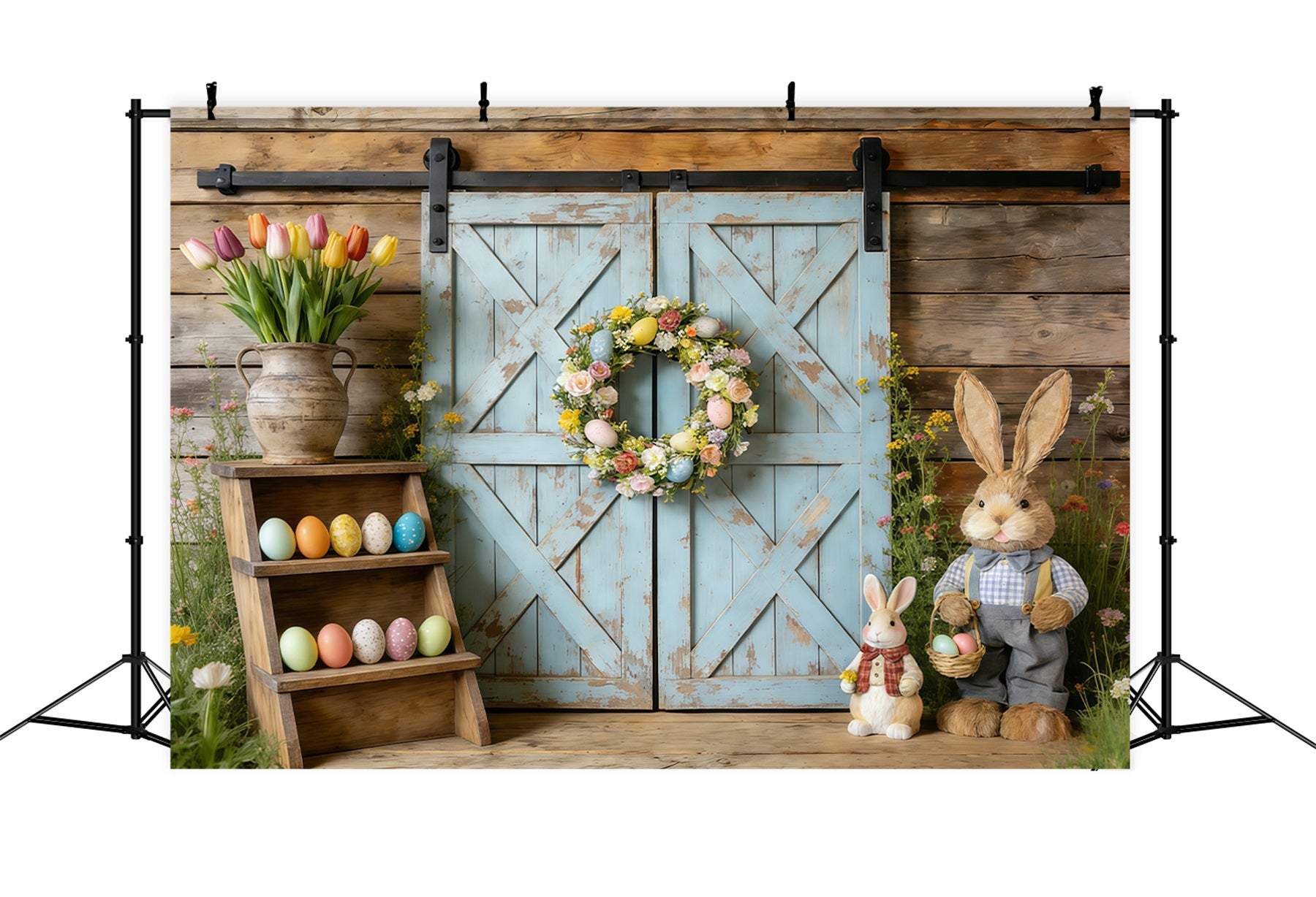 Oster-Frühlings-Blumenkranz-Hintergrund Rustikaler blauer Scheunentor-Kranz Oster-Bildhintergrund-Ideen CSH61-61
