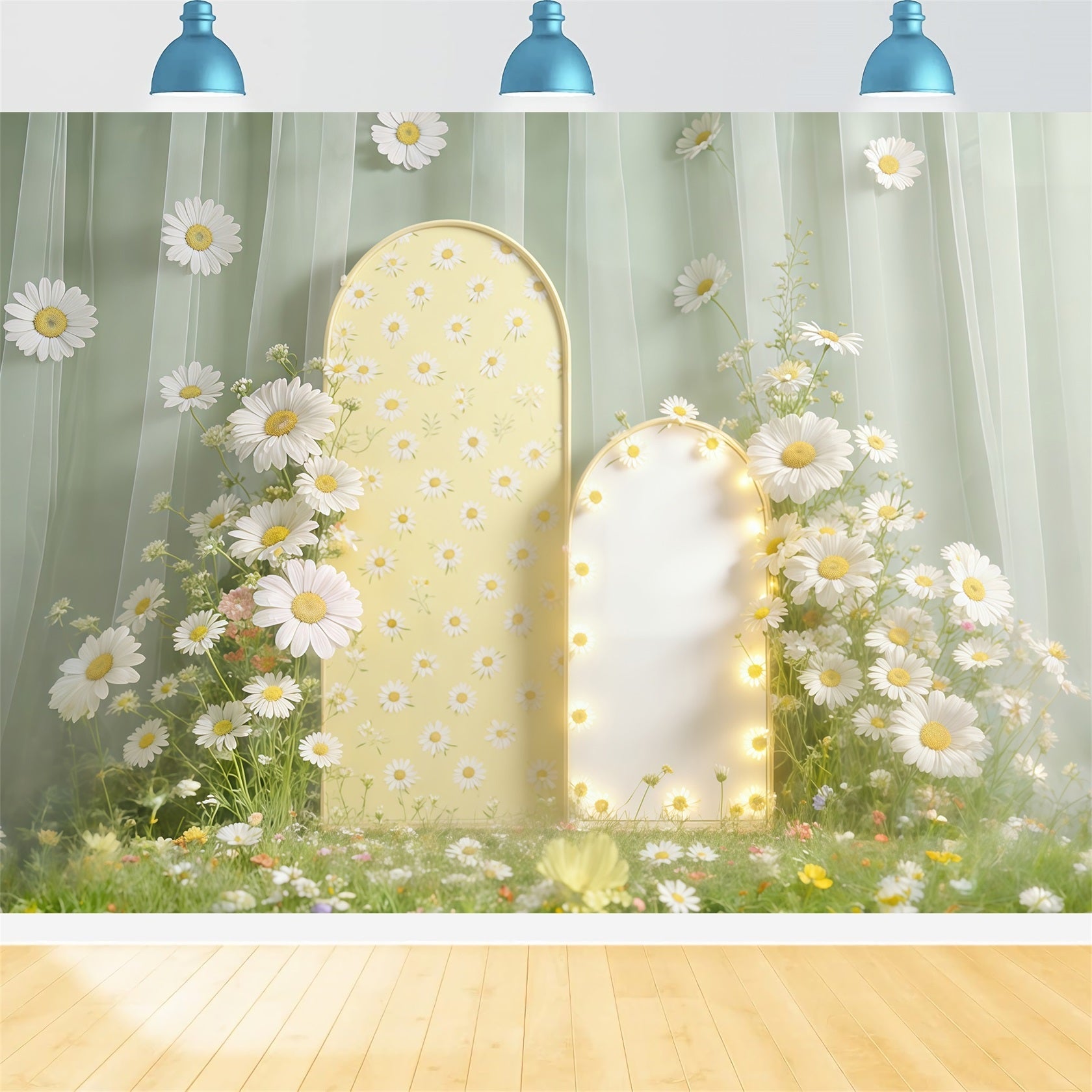 Oster-Gänseblümchen-Hintergrund Blumengartenbogen Weiches Licht Fotohintergrund Ostern CSH61-66