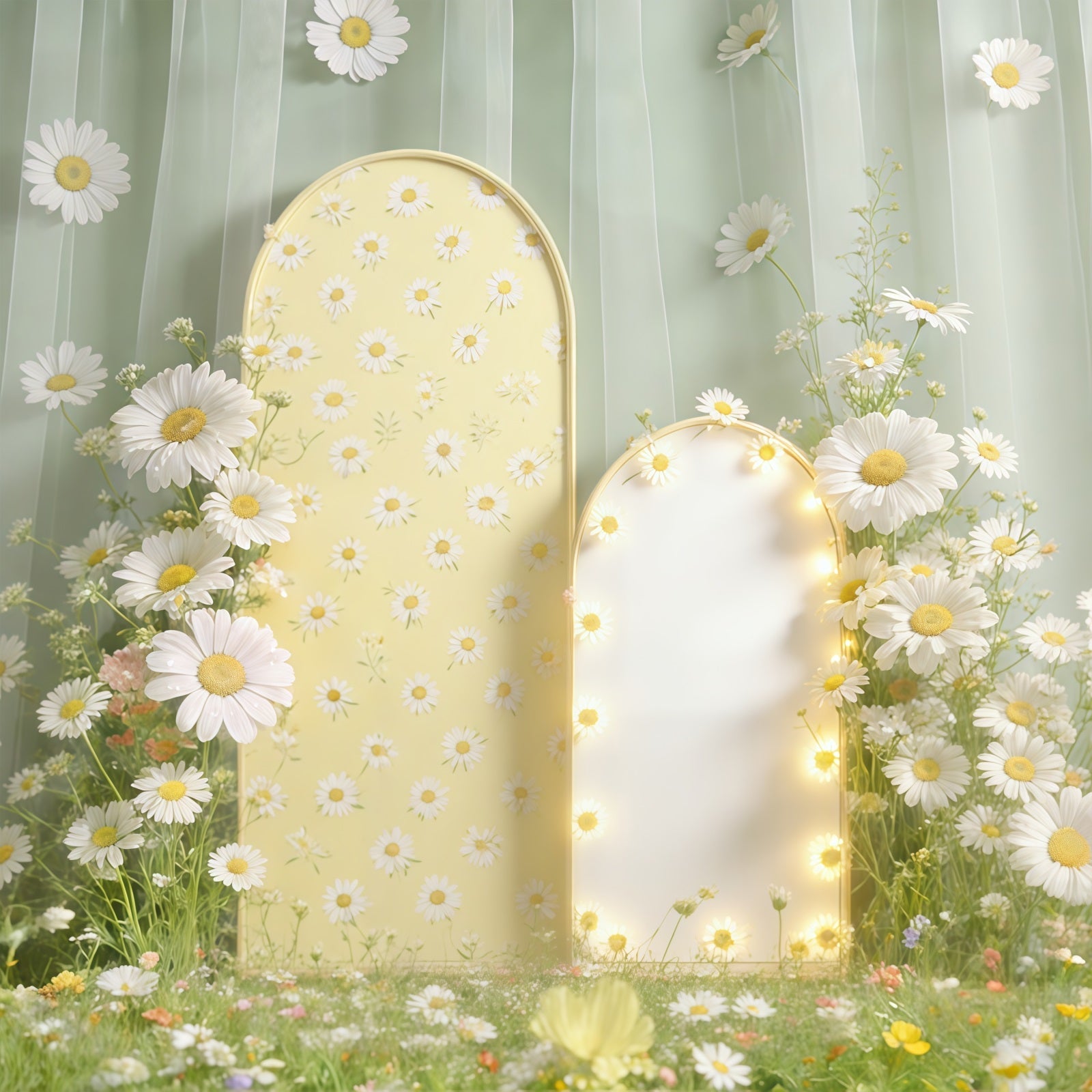 Oster-Gänseblümchen-Hintergrund Blumengartenbogen Weiches Licht Fotohintergrund Ostern CSH61-66