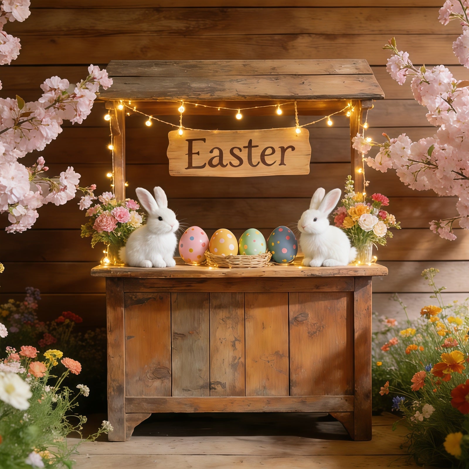 Oster-Kirschblüten-Hintergrund Blütenhase Marktstand Hintergründe für Osterbilder CSH61-69