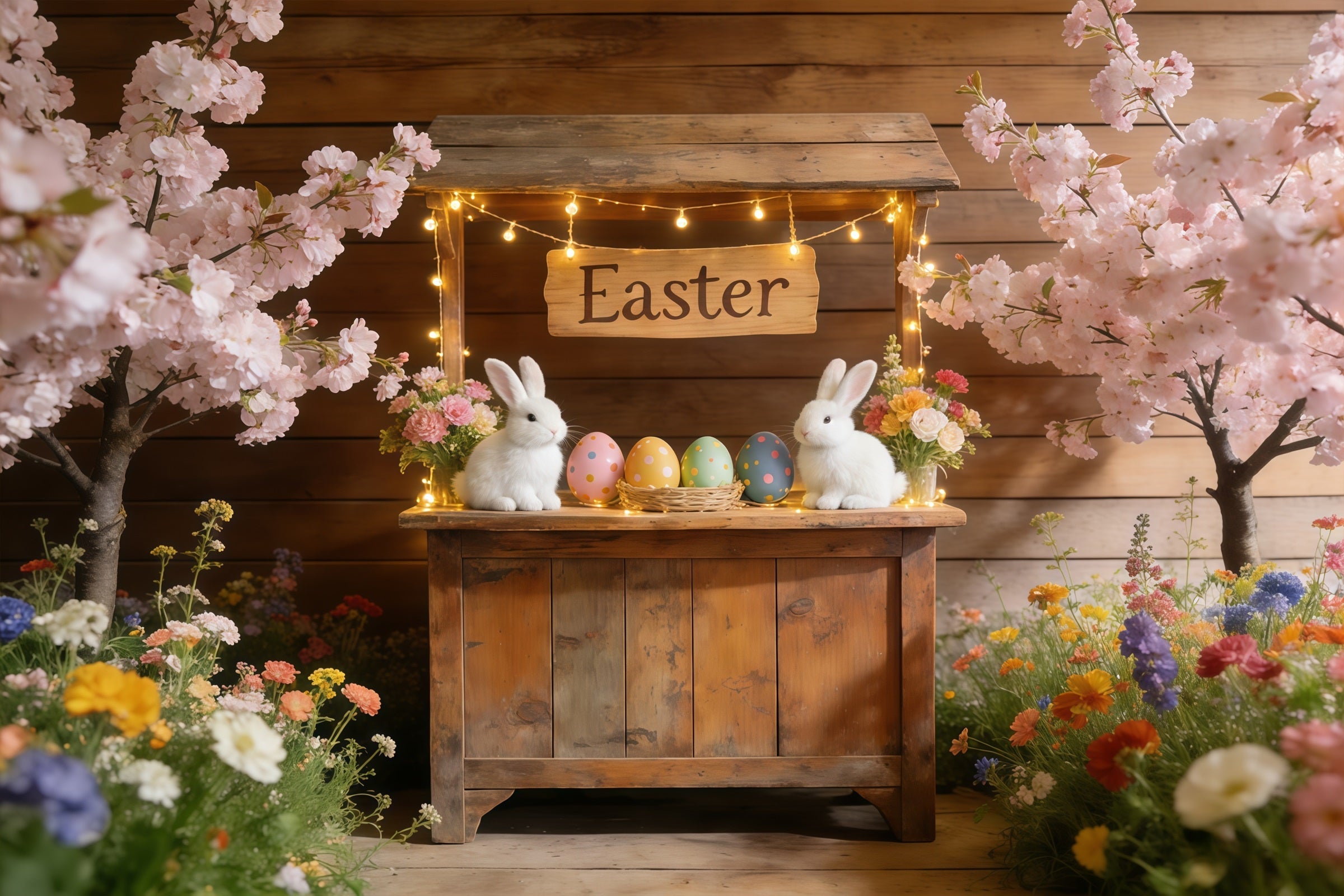 Oster-Kirschblüten-Hintergrund Blütenhase Marktstand Hintergründe für Osterbilder CSH61-69