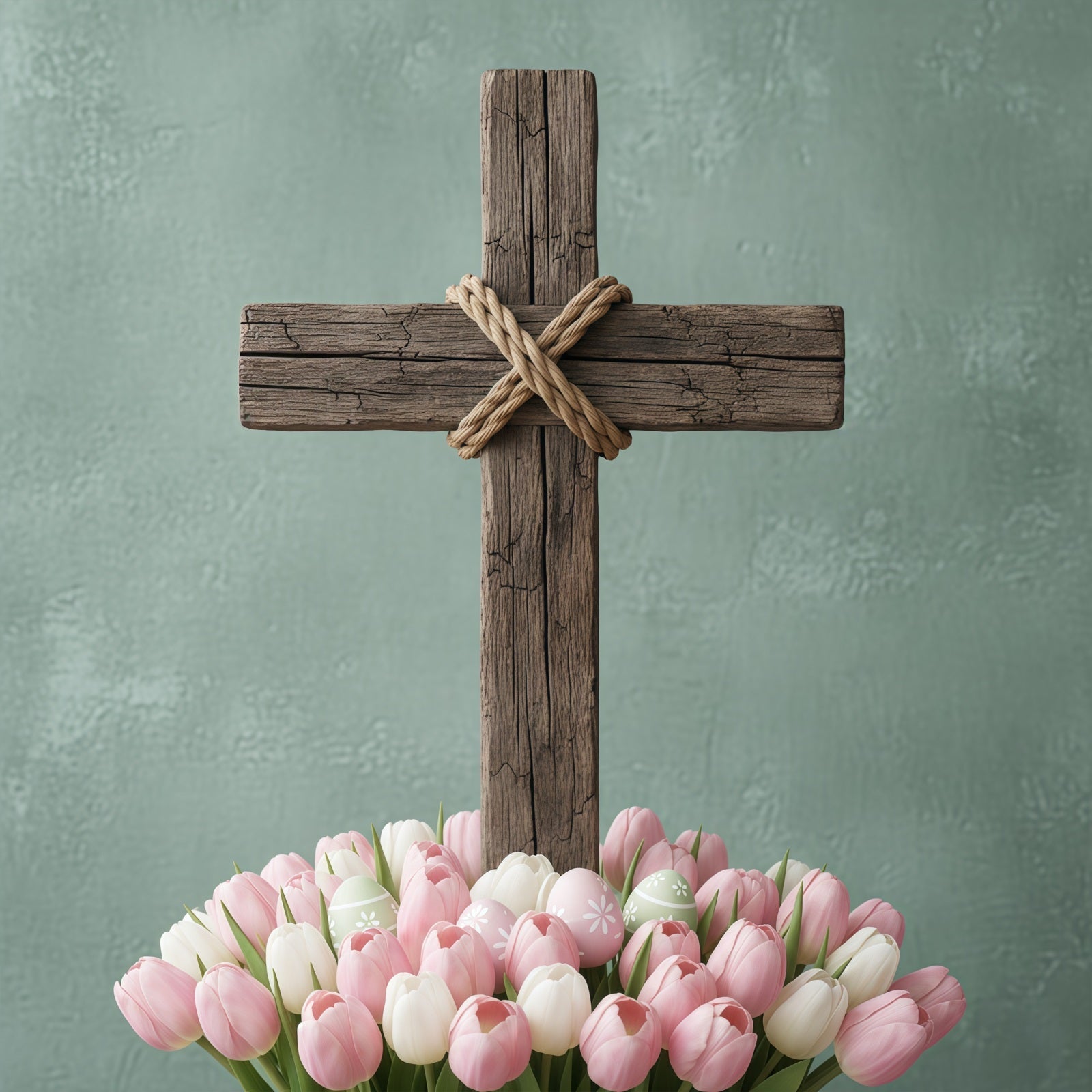Oster-Fotohintergrund für Kirchen Rustikales Holzkreuz Tulpenblüte Oster-Hintergrundideen CSH61-7