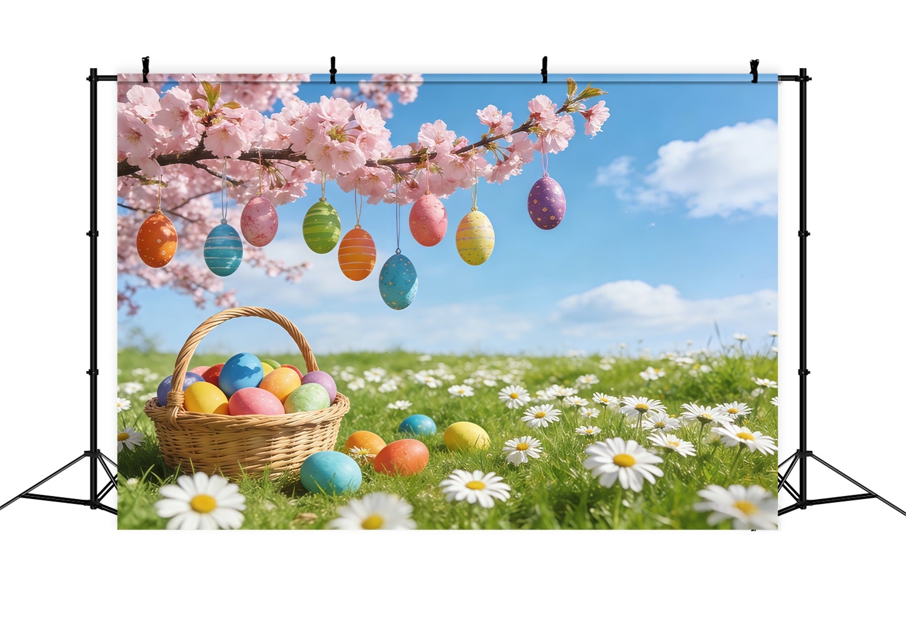 Oster-Kirschblüten-Hintergrund Hängende Eier Wiesenblüten-Hintergründe für Osterbilder CSH61-70