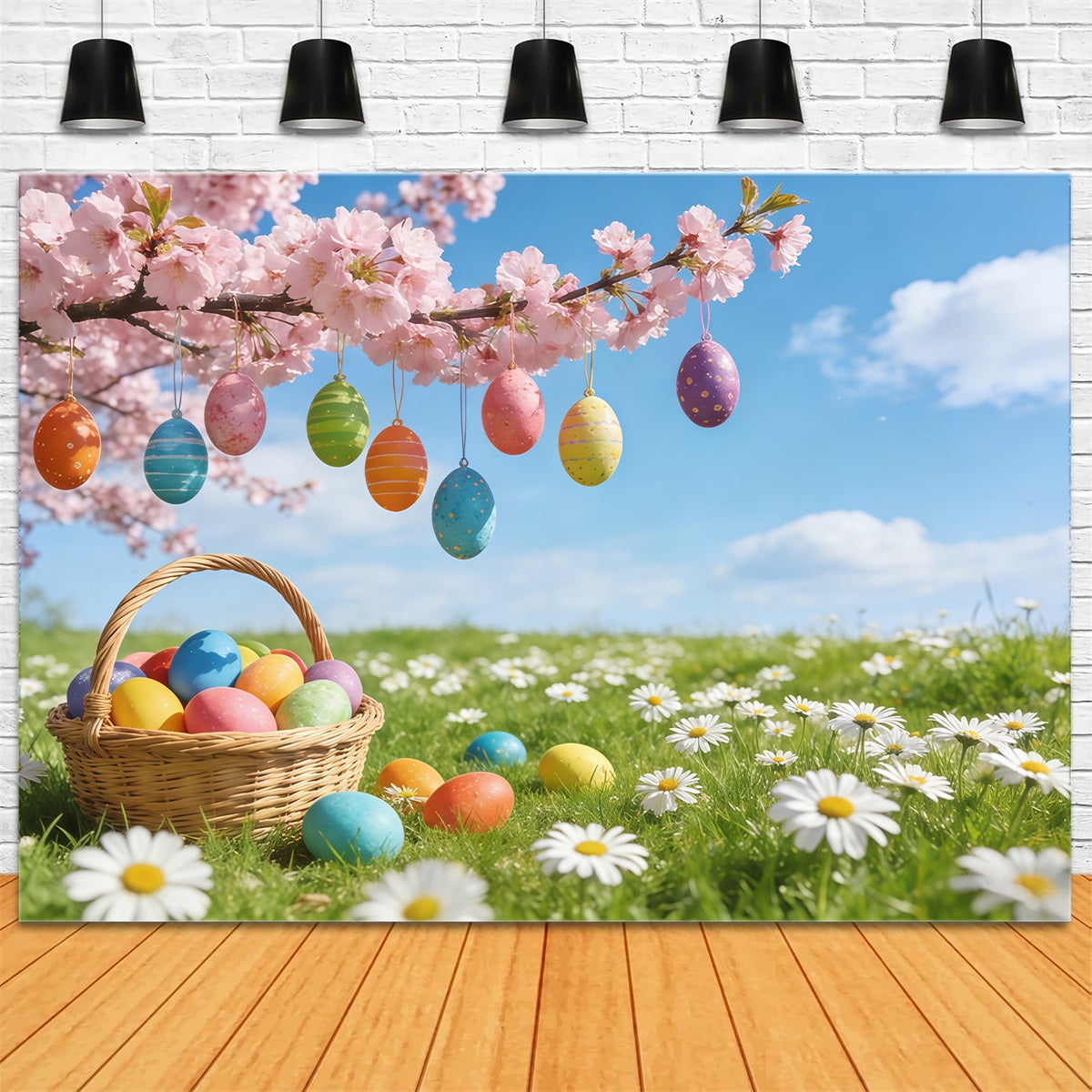 Oster-Kirschblüten-Hintergrund Hängende Eier Wiesenblüten-Hintergründe für Osterbilder CSH61-70