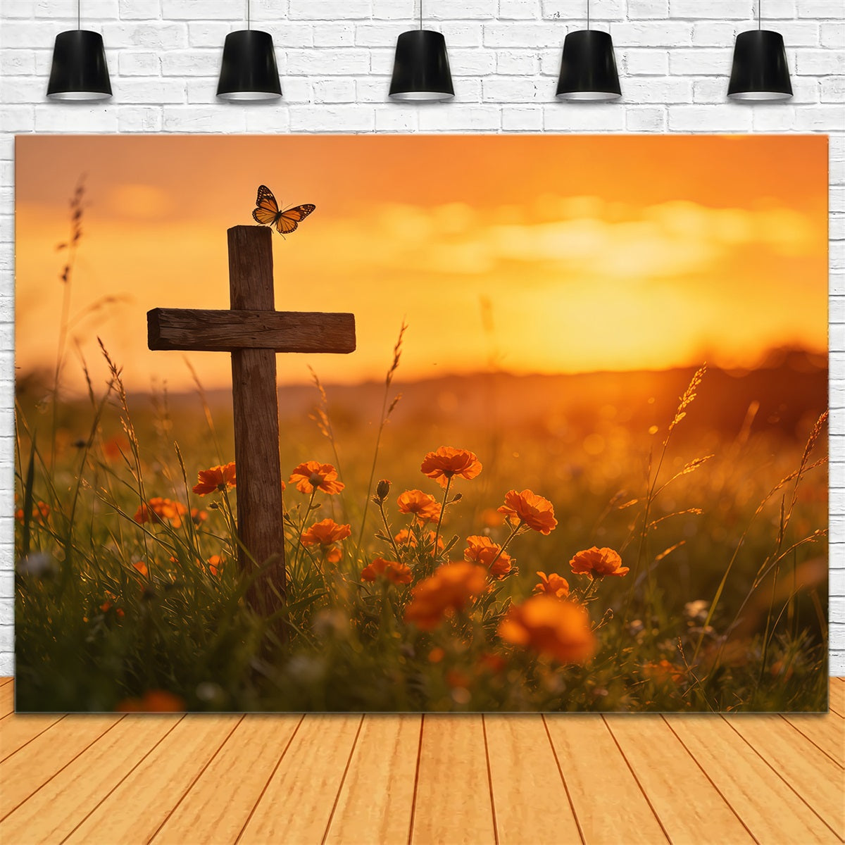 Oster-Schmetterlings-Hintergrund Sonnenuntergang Kreuz Wildblumenwiese-Hintergrund für Osterbilder CSH61-71