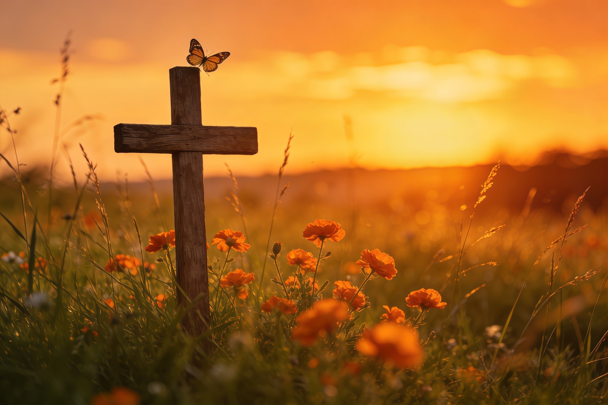 Oster-Schmetterlings-Hintergrund Sonnenuntergang Kreuz Wildblumenwiese-Hintergrund für Osterbilder CSH61-71