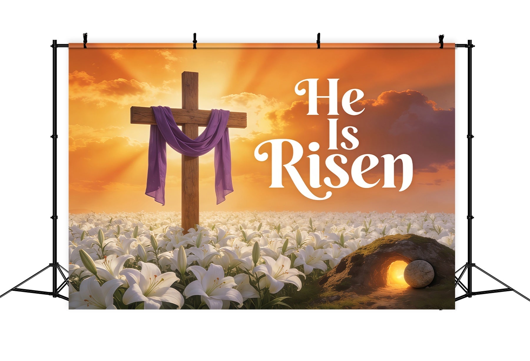 Ostern Er ist auferstanden Hintergrund Kreuz Lilien Sonnenaufgang Fotografie Oster-Hintergrund CSH61-79