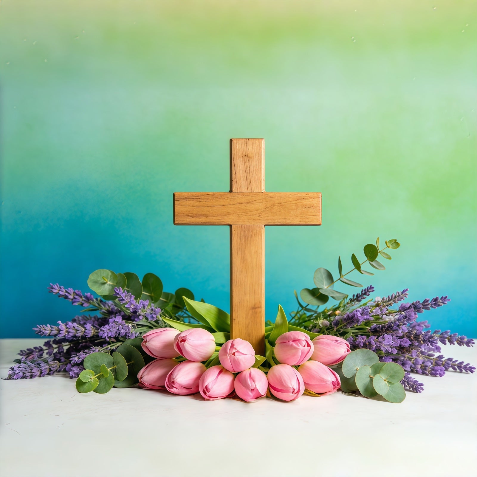 Oster-Fotohintergrund für die Kirche Frühlingsblumen Kreuz Blaugrüne Wand Oster-Hintergrundideen CSH61-8
