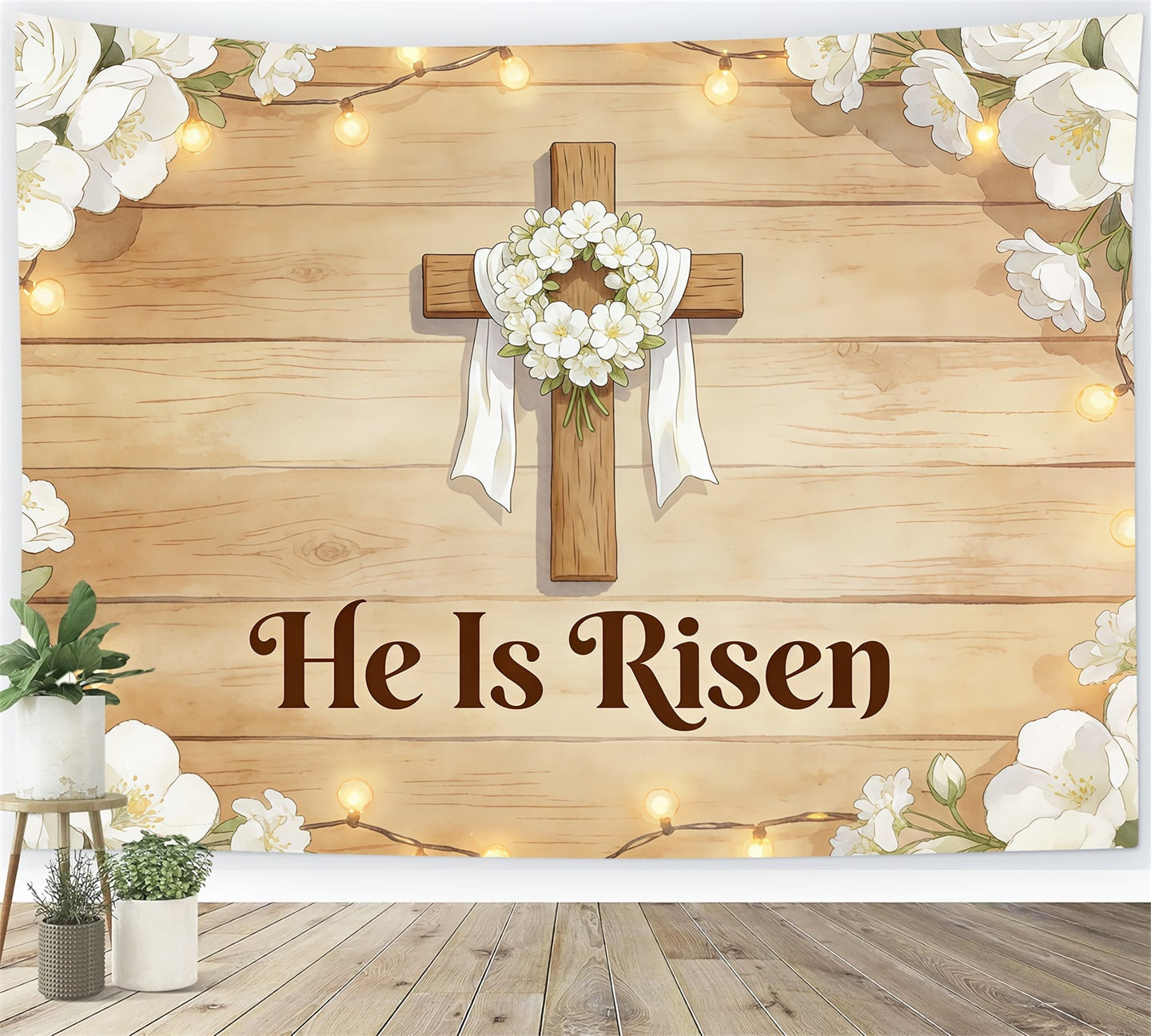 Ostern „Er ist auferstanden“ Hintergrund Kreuz Kranz weiße Blumen Fotografie Ostern Hintergrund CSH61-80