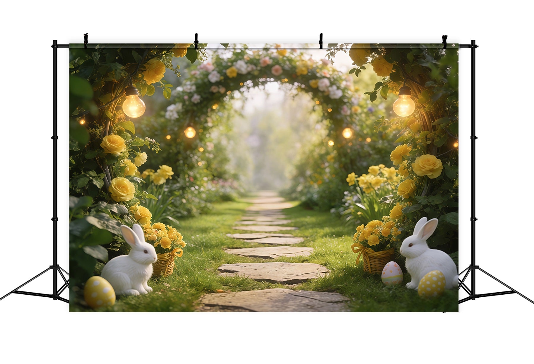 Ostergras-Hintergrund Gartenbogen Hasen Eier Lichter Frohe Ostern Foto-Hintergrund CSH61-84