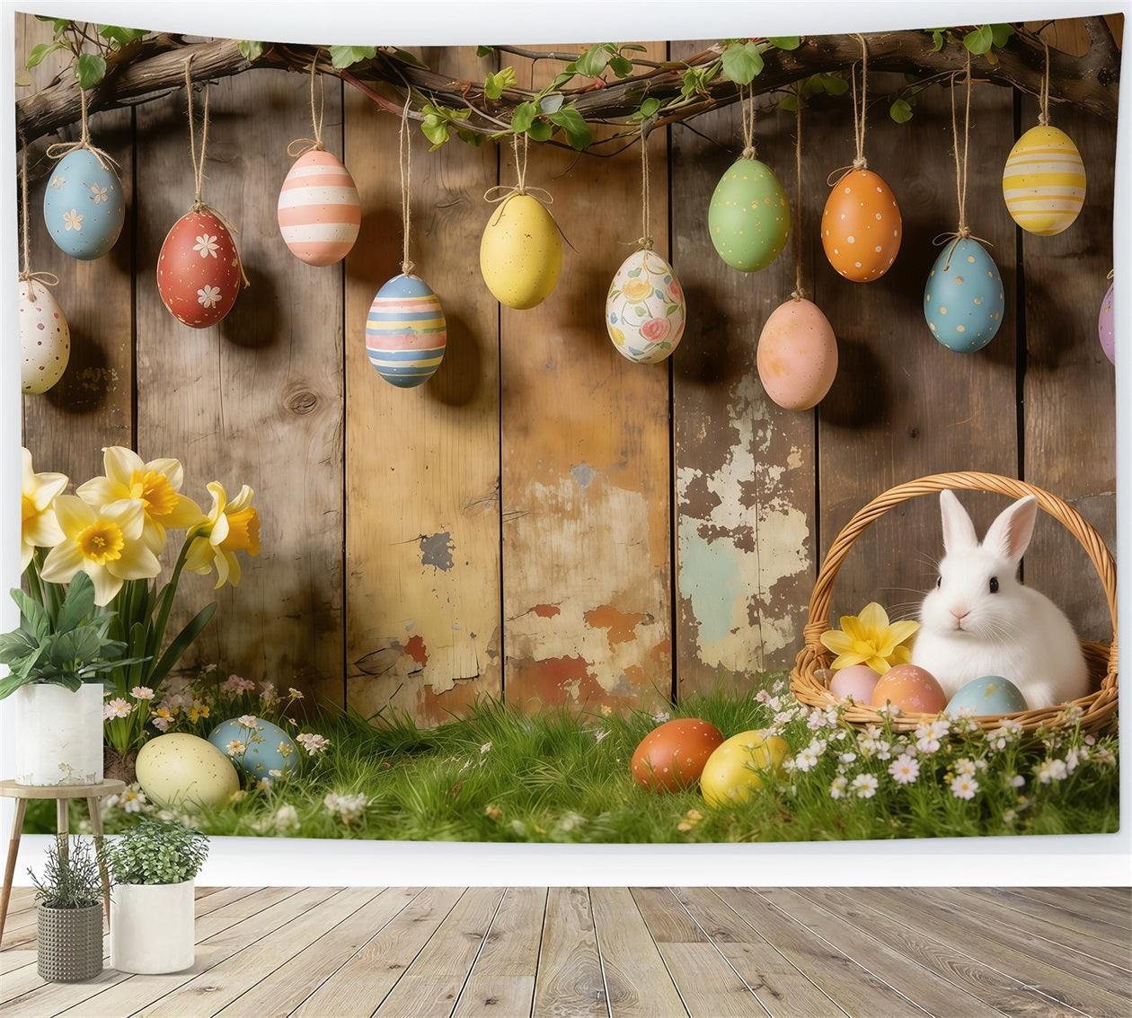 Oster-Hintergrund im rustikalen Stil Hängende Eier Hasenkorb Narzissen Fotohintergründe für Ostern CSH61-87