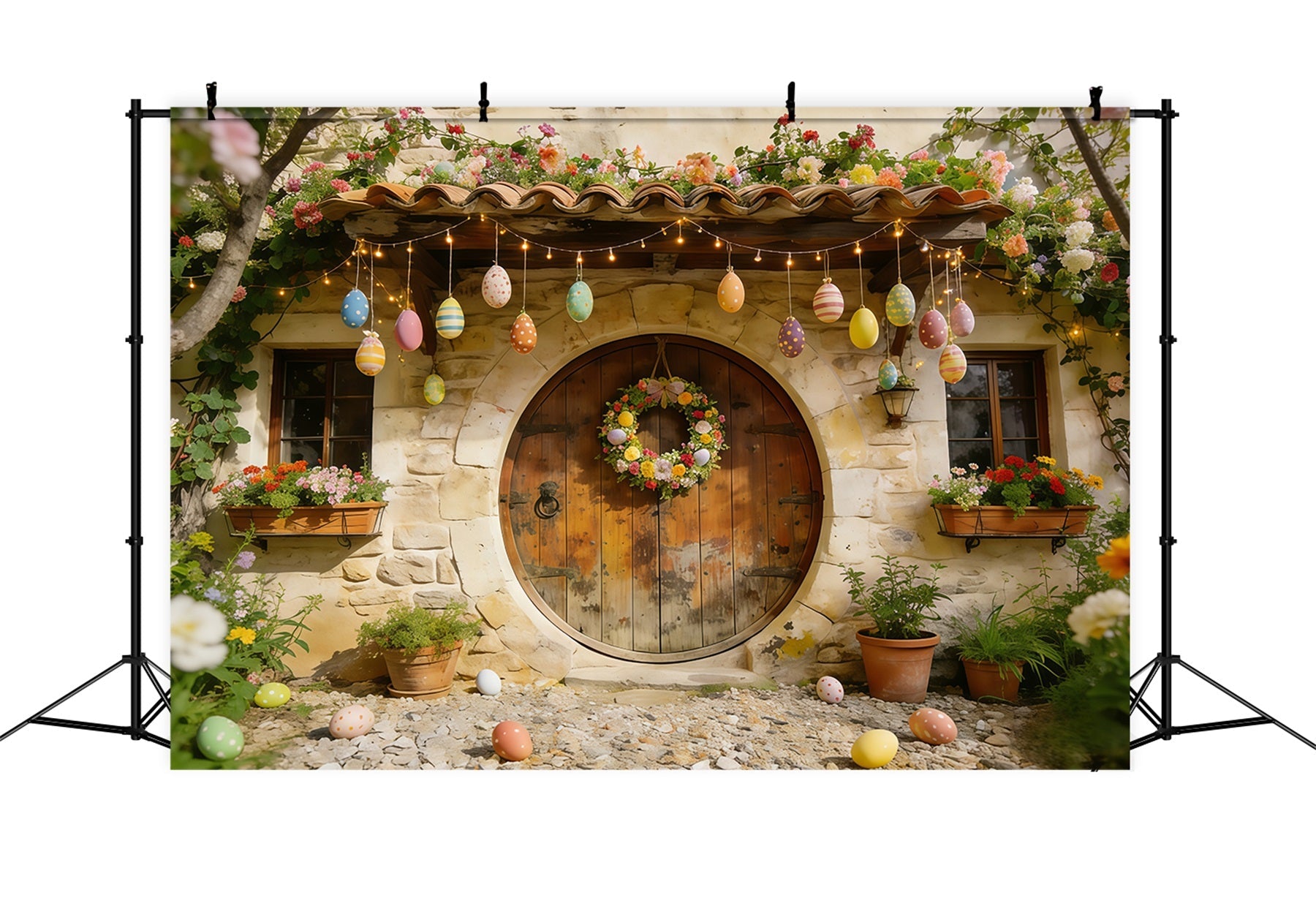 Oster-Cottage-Garten-Hintergrund Steinhaus Eier Kranz Blumen Einfacher Oster-Hintergrund CSH61-88