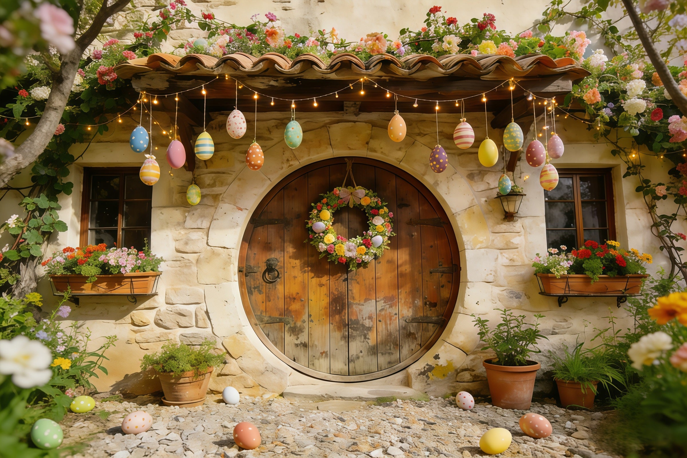Oster-Cottage-Garten-Hintergrund Steinhaus Eier Kranz Blumen Einfacher Oster-Hintergrund CSH61-88