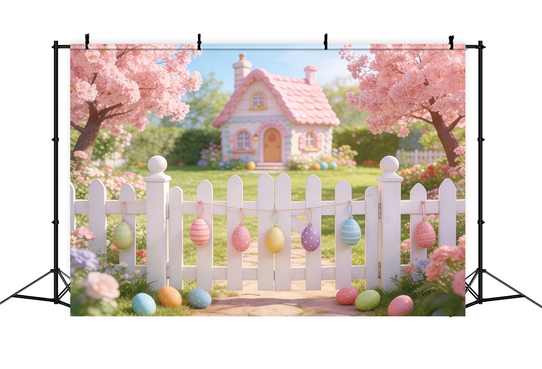 Oster-Cottage-Garten-Hintergrund Rosa Haus Zaun Blüten Eier Einfacher Oster-Hintergrund CSH61-89