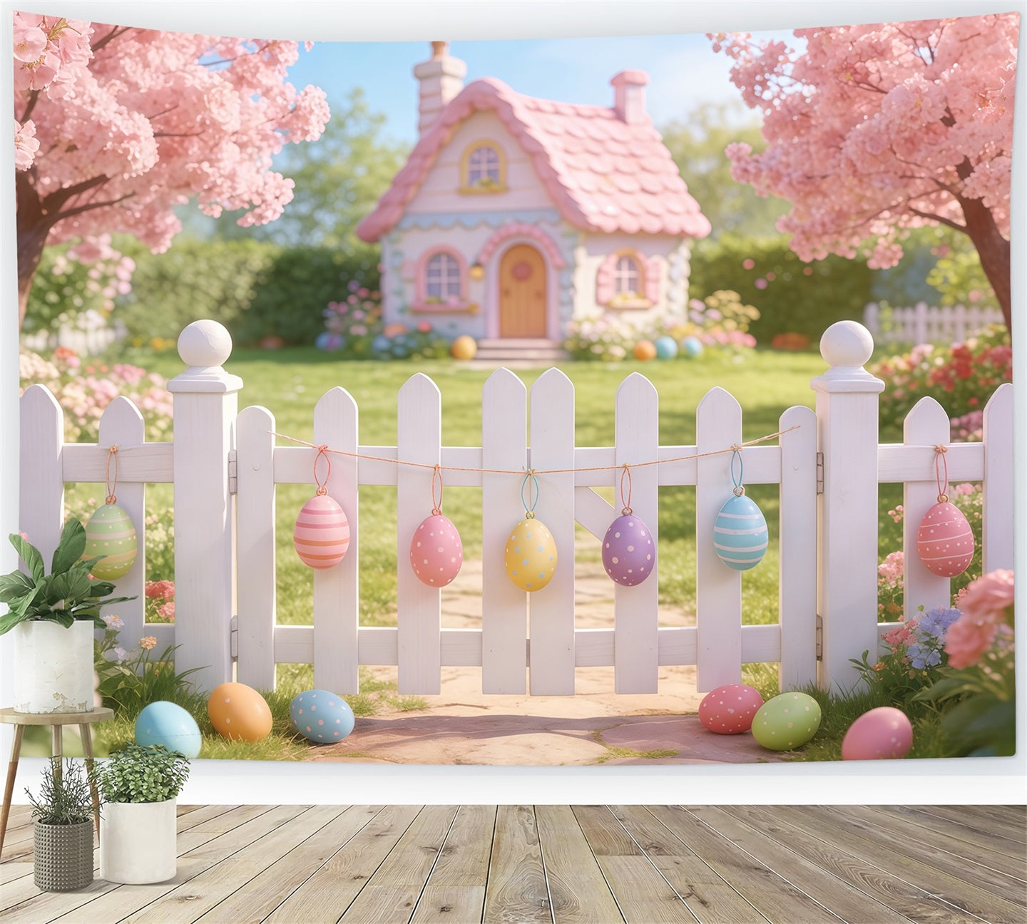 Oster-Cottage-Garten-Hintergrund Rosa Haus Zaun Blüten Eier Einfacher Oster-Hintergrund CSH61-89