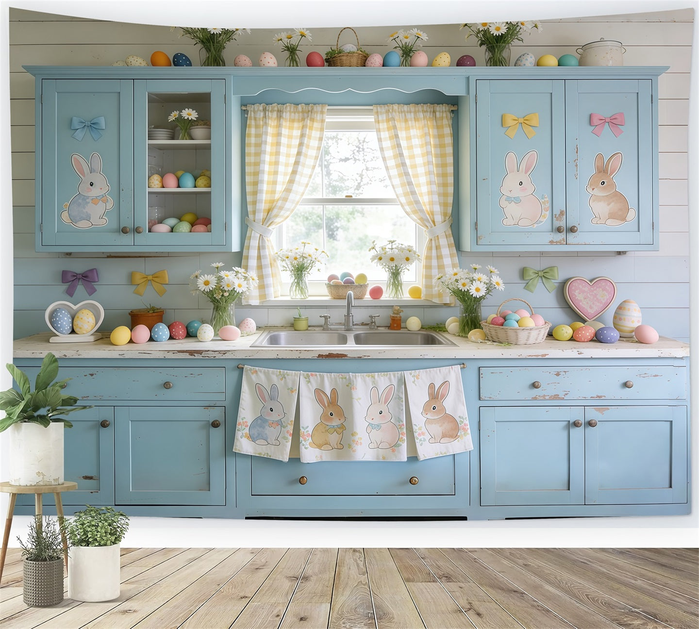 Oster-Hintergrund Blaues Schrank Häschen Eier Gänseblümchen Fotografie-Hintergründe Ostern CSH61-90