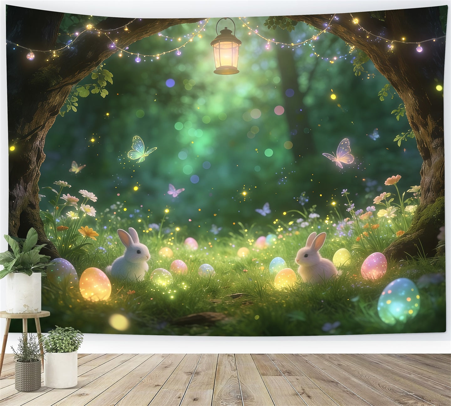 Oster-Märchen-Hintergrund Verzauberter Wald Hase Leuchtende Eier Osterparty-Hintergrund CSH61-91