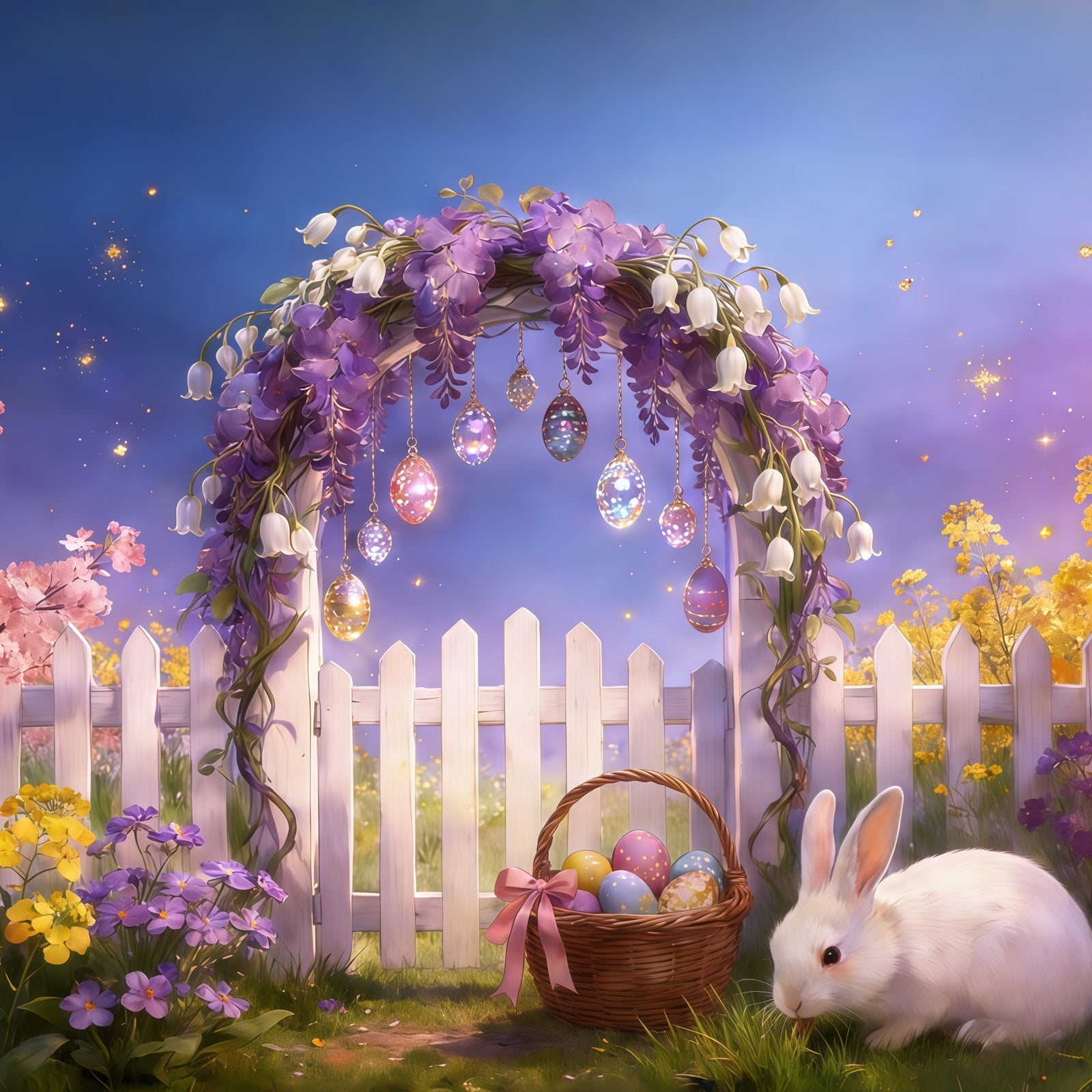 Oster-Märchen-Hintergrund Blumenbogen Zaun Eier Hängender Hase Osterparty-Hintergrund CSH61-92
