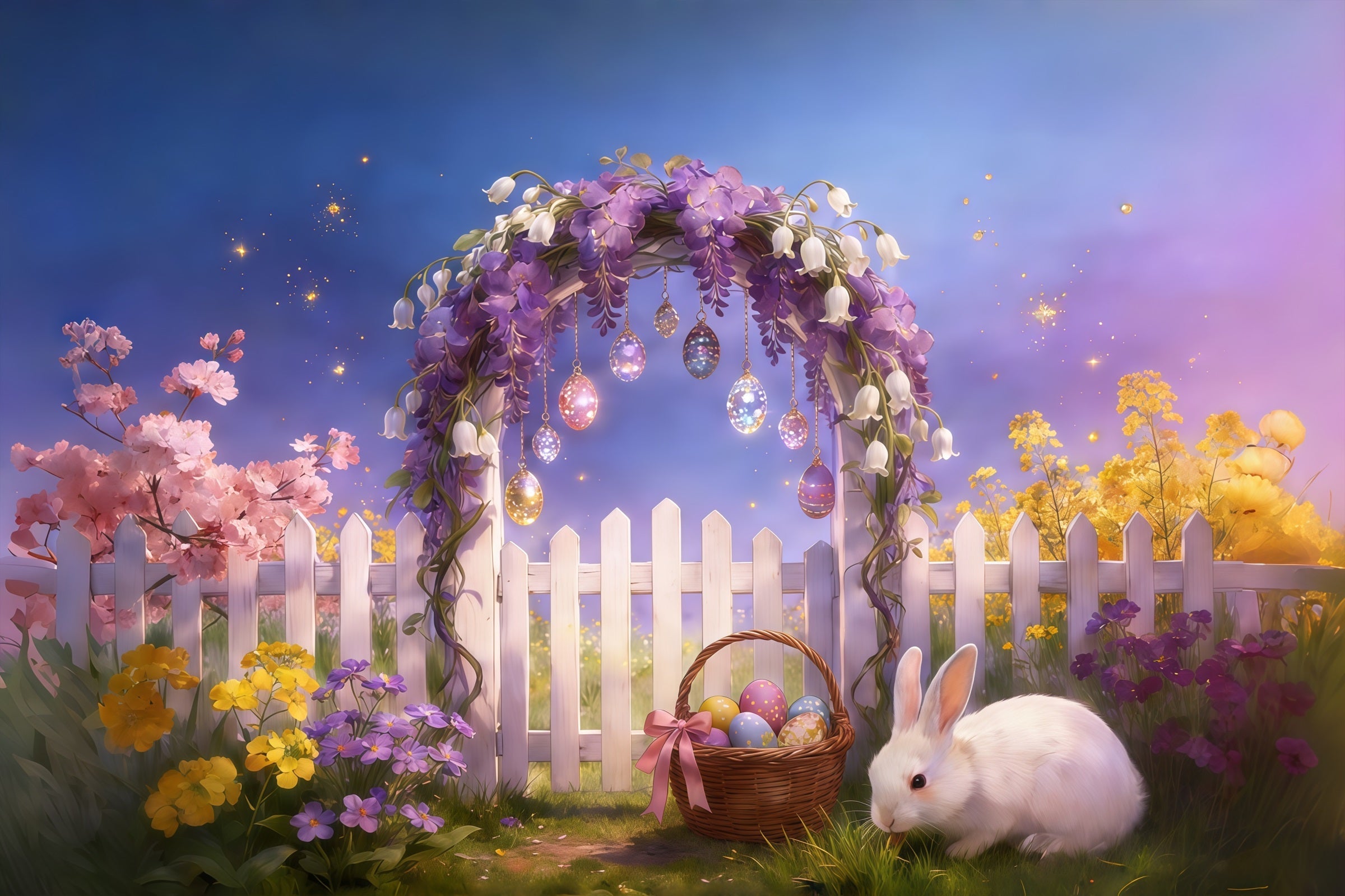 Oster-Märchen-Hintergrund Blumenbogen Zaun Eier Hängender Hase Osterparty-Hintergrund CSH61-92