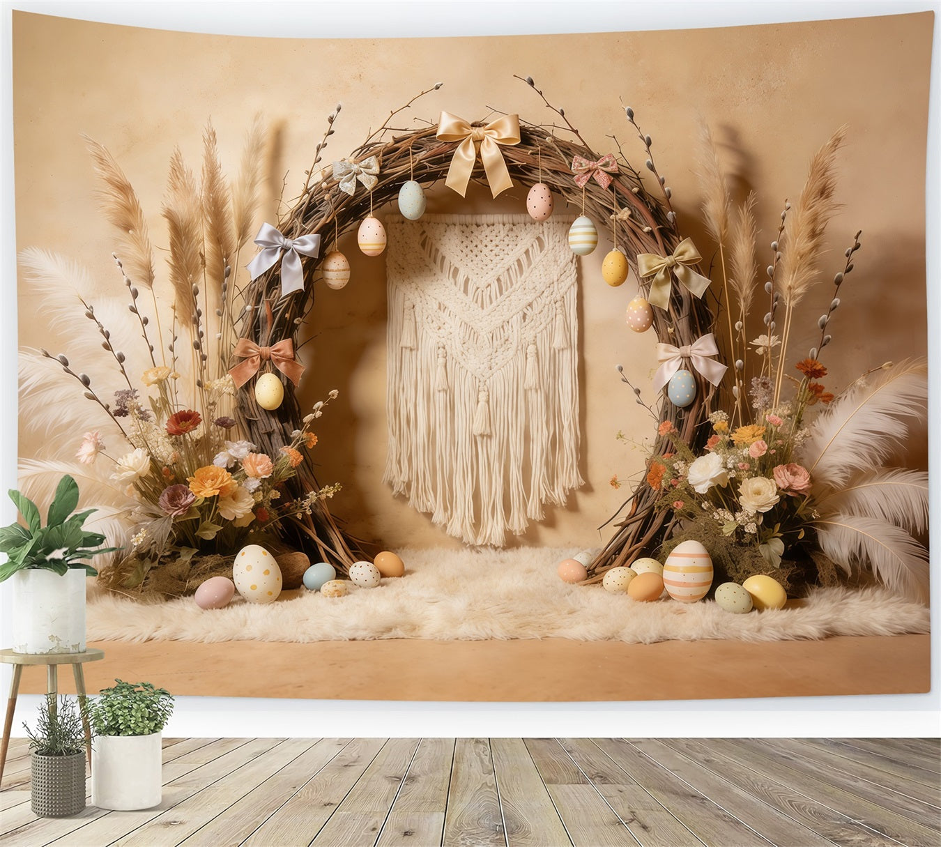 Oster-Boho-Hintergrund Rustikaler Bogen Pastellfarbene Eier Schleifen 10x10 Osterhintergründe CSH61-95