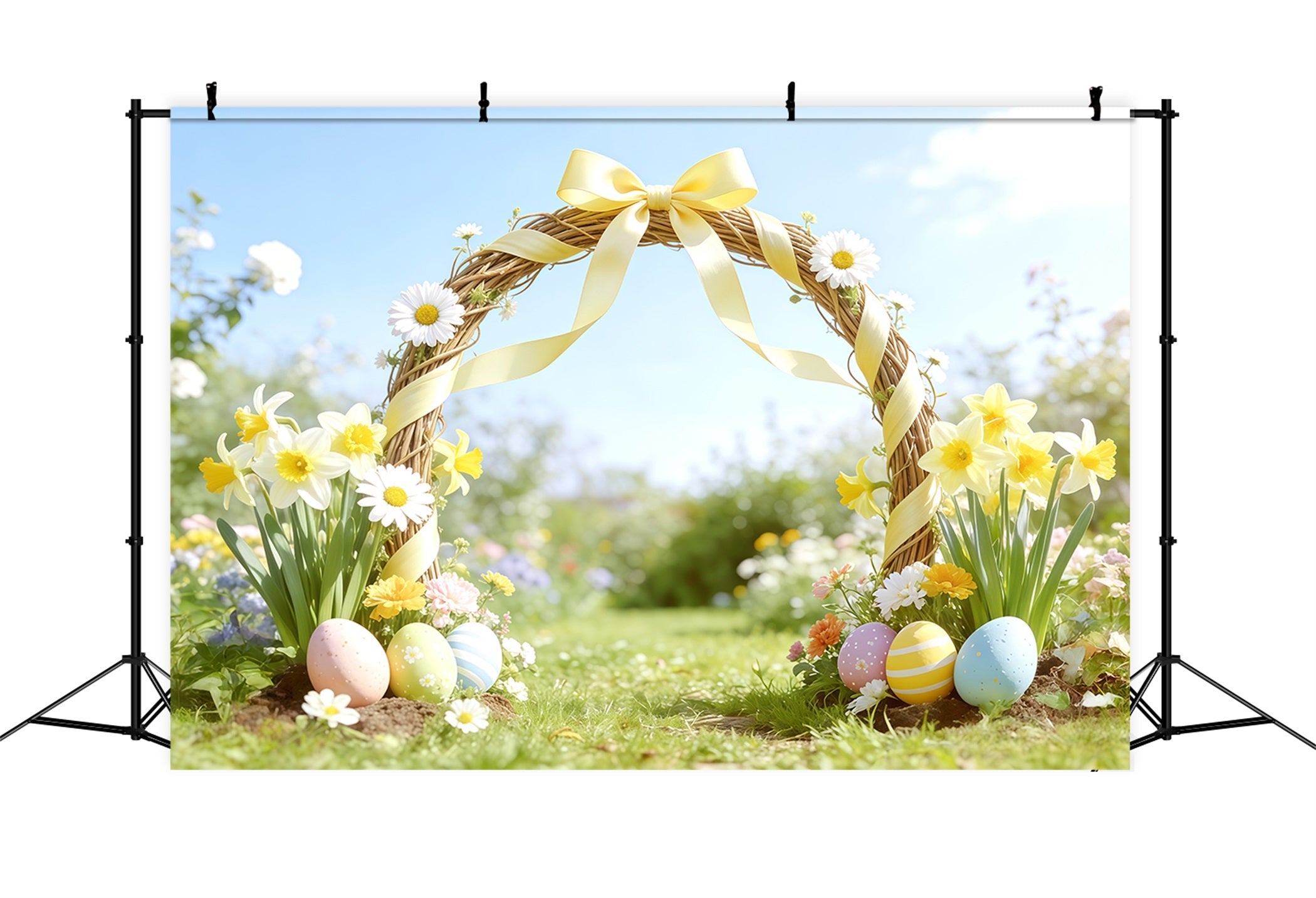 Osterfrühling Gartenbogen Hintergrund Gelbe Schleife Narzisse, Bogen Frohe Ostern Fotohintergrund CSH62-101
