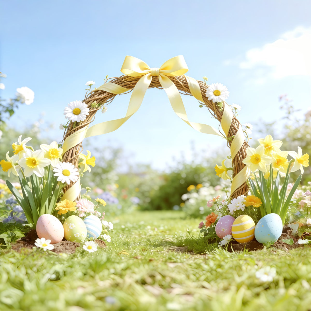 Osterfrühling Gartenbogen Hintergrund Gelbe Schleife Narzisse, Bogen Frohe Ostern Fotohintergrund CSH62-101