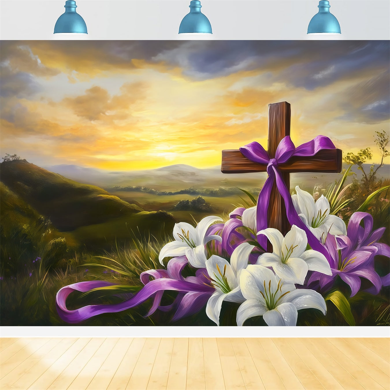 Osterkreuz und Lilien Hintergrund Sonnenuntergang Berge Religiöse Fotohintergründe für Ostern CSH62-103