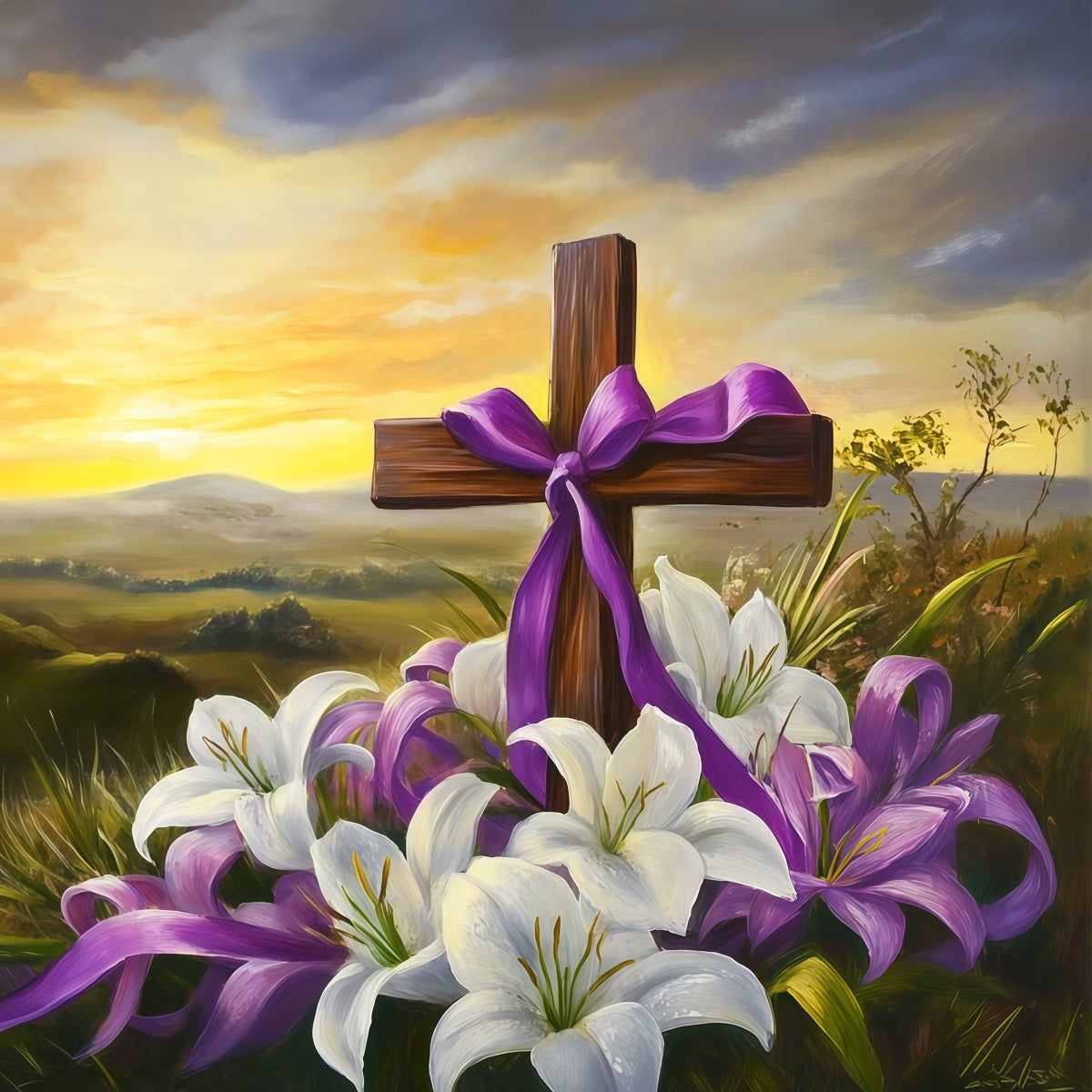 Osterkreuz und Lilien Hintergrund Sonnenuntergang Berge Religiöse Fotohintergründe für Ostern CSH62-103