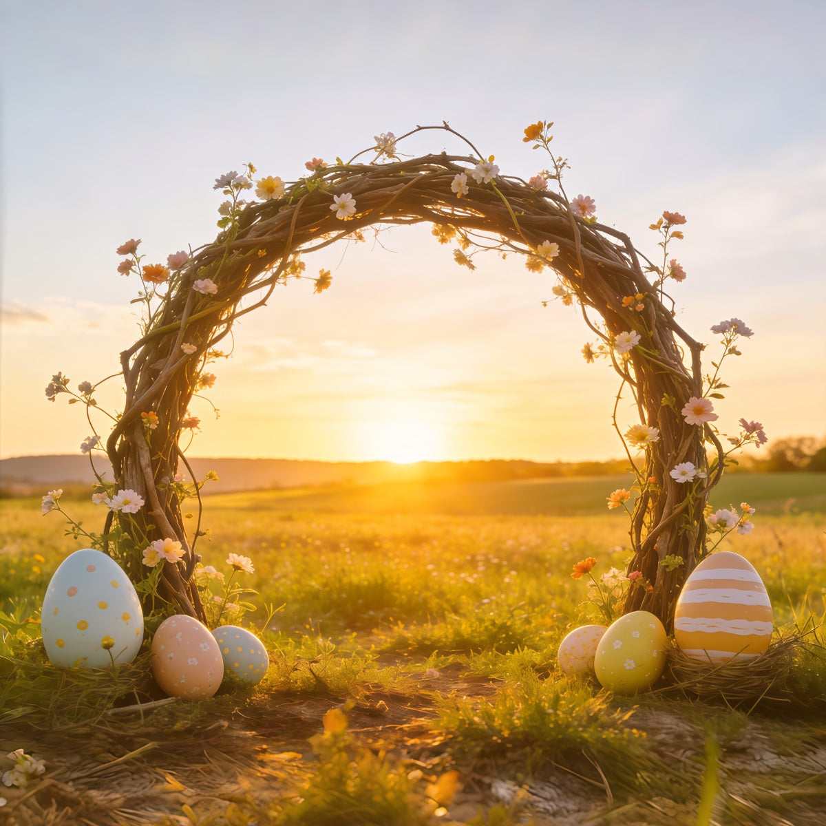 Oster-Sonnenaufgang-Feld-Hintergrund Wildblumen Zweigbogen Eier Einfacher Oster-Hintergrund CSH62-104