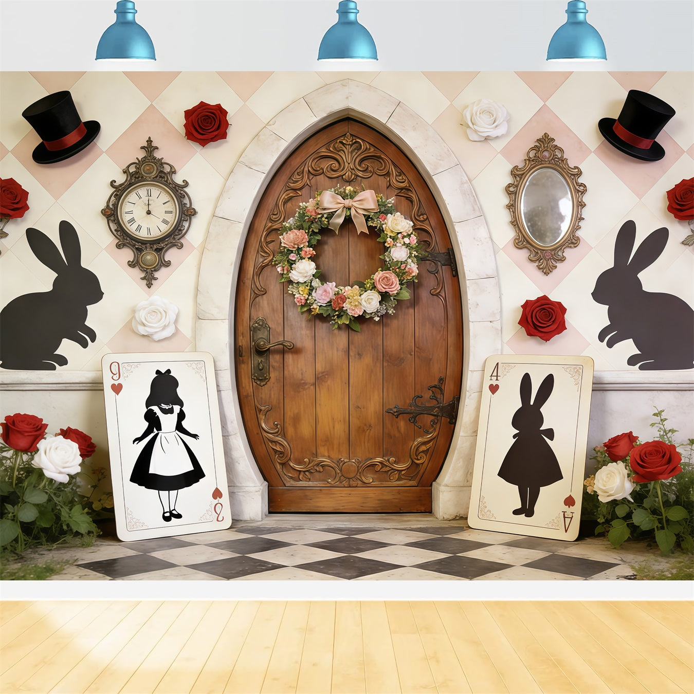 Oster-Kranz-Tür-Hintergrund Wunderland-Tür-Karte Silhouetten Osterparty-Hintergrund CSH62-106