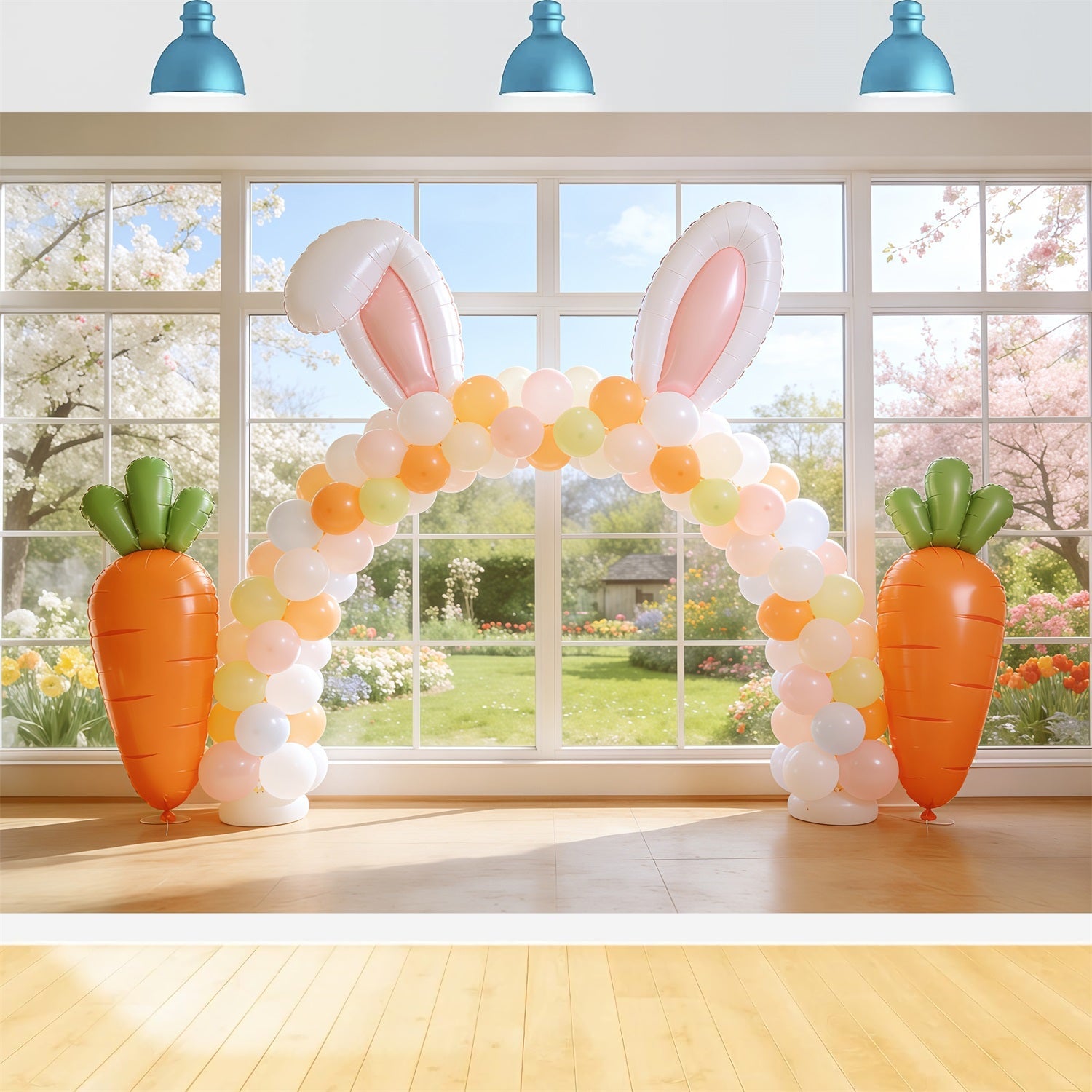 Osterfenster Frühlingslicht Hintergrund Hasenohren Ballonbogen 10x10 Osterhintergründe CSH62-107