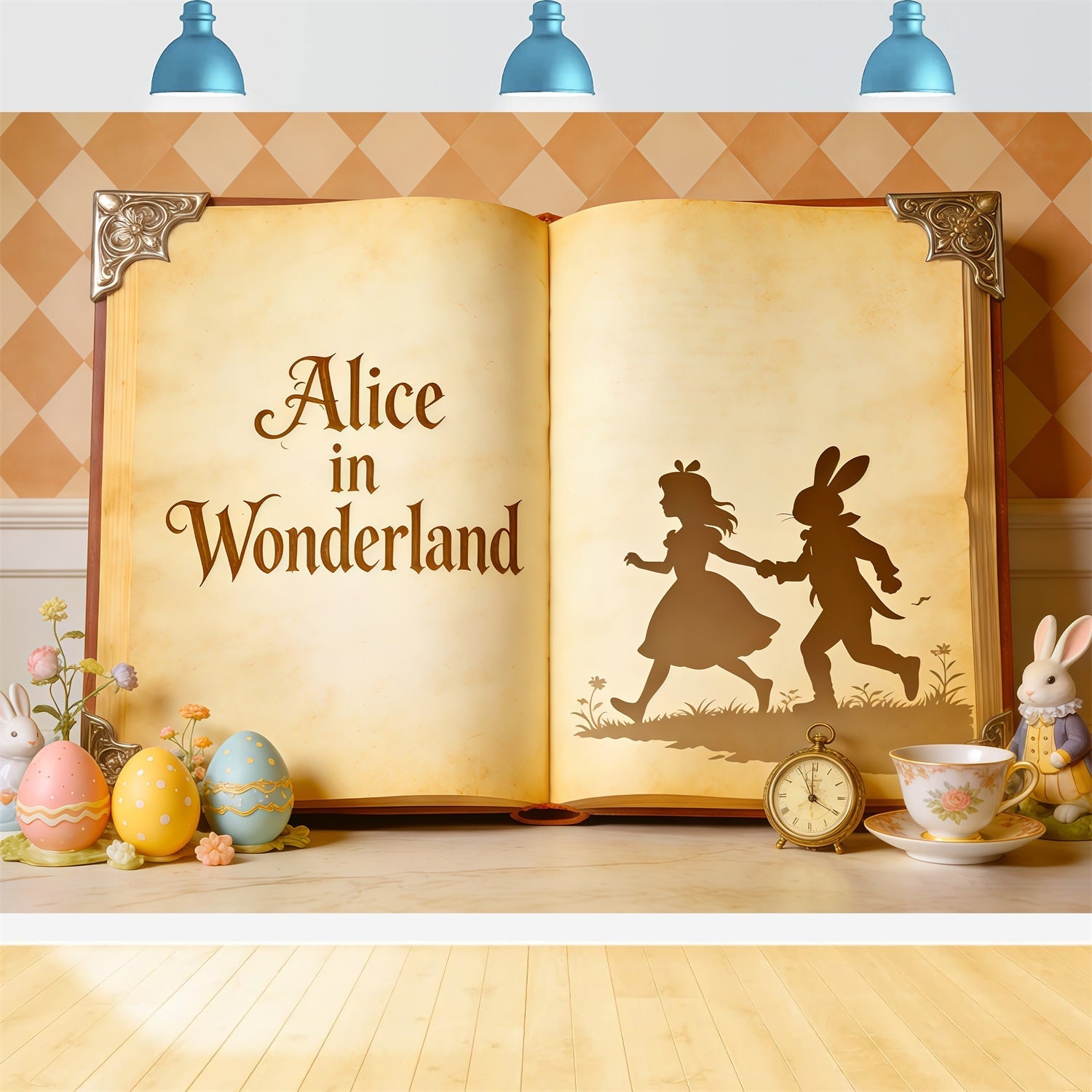 Oster-Bilderbuch Hintergrund Wunderland Buch Eier Hase Osterhintergrund Foto CSH62-109