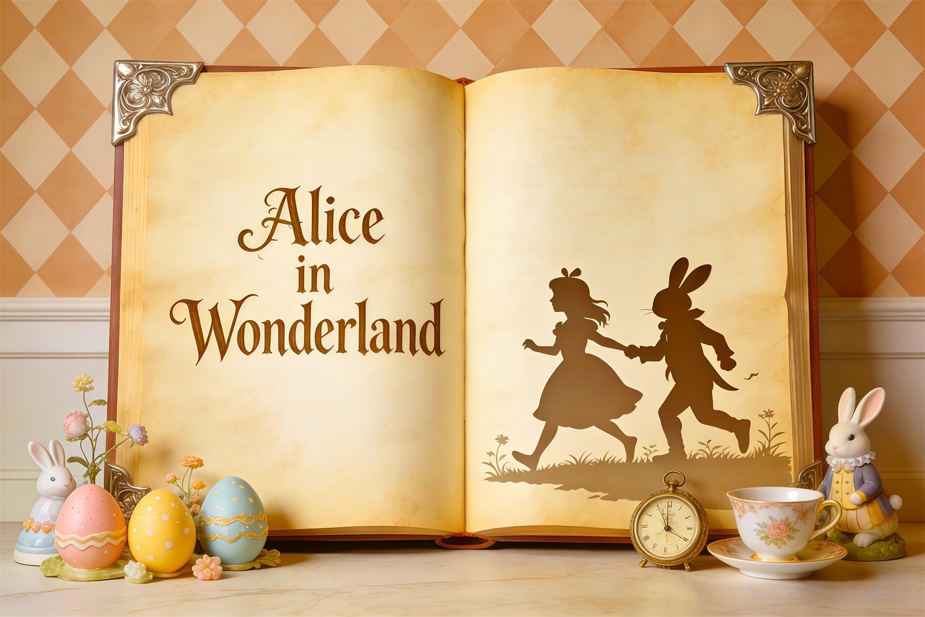 Oster-Bilderbuch Hintergrund Wunderland Buch Eier Hase Osterhintergrund Foto CSH62-109