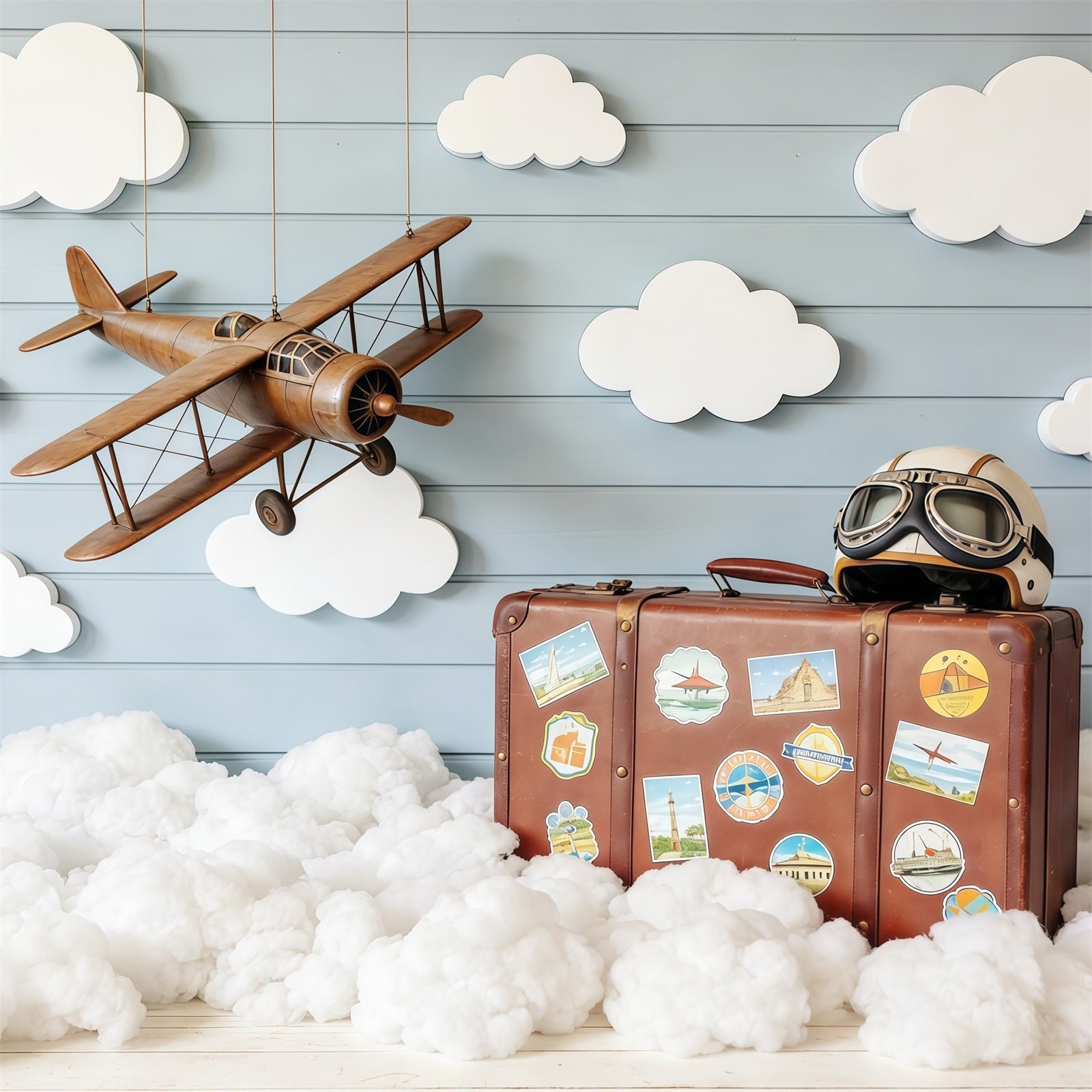 Hintergrund für Wolkenaufnahmen Vintage Flugzeug Koffer Holz Kinderhintergründe CSH62-116