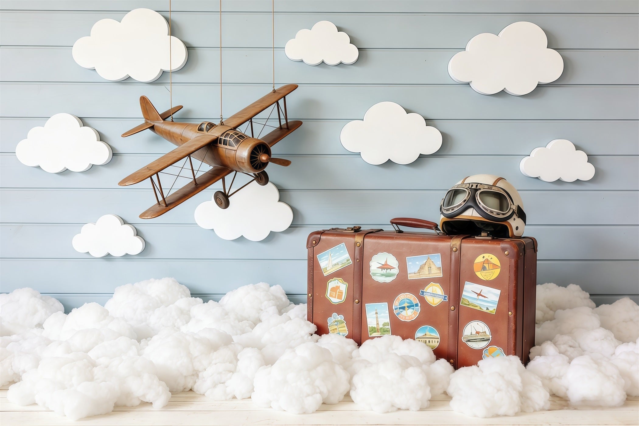 Hintergrund für Wolkenaufnahmen Vintage Flugzeug Koffer Holz Kinderhintergründe CSH62-116