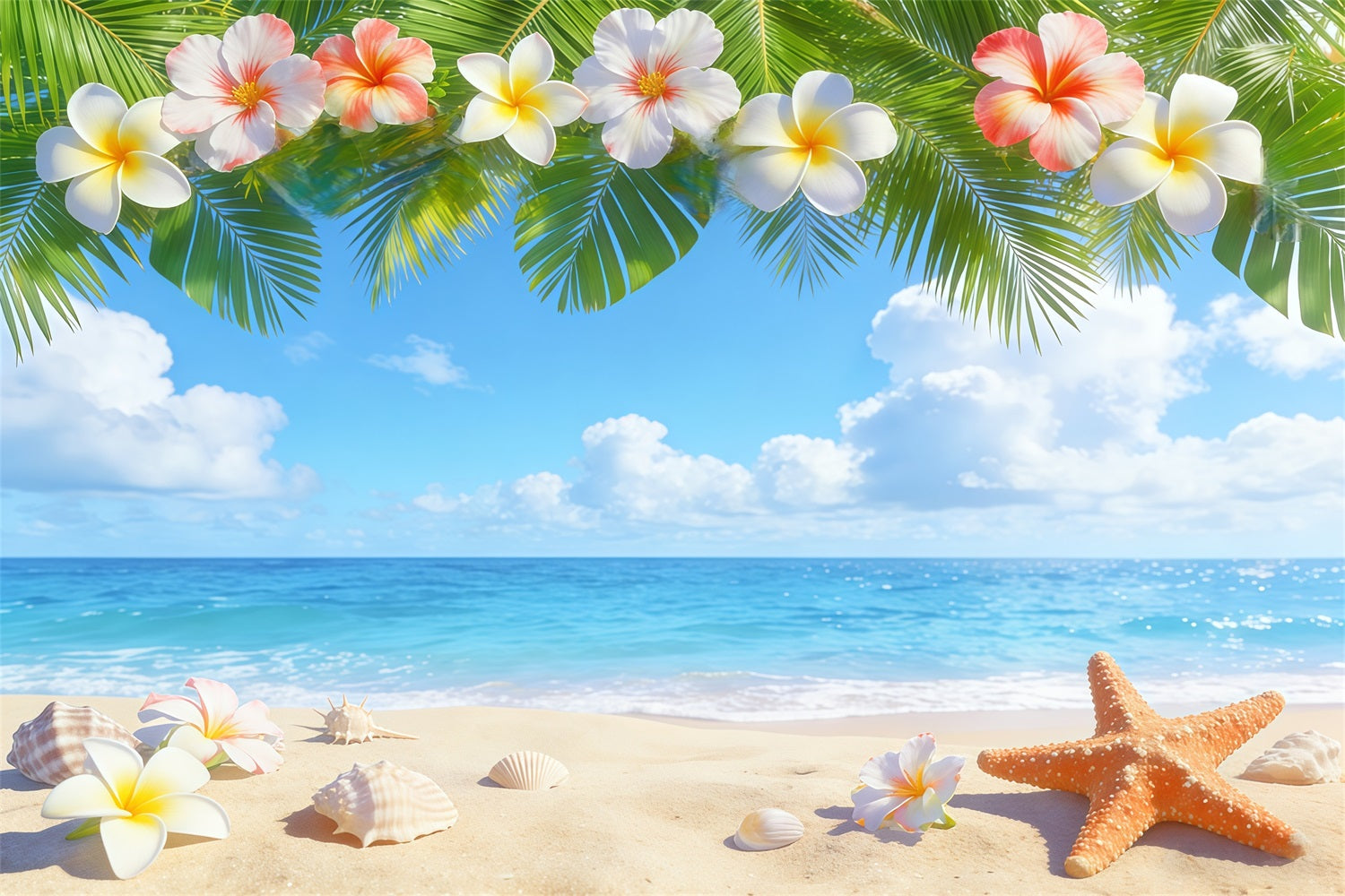 Hintergrund mit blauem Himmel Tropische Plumeria Strandmuscheln Sommer-Fotohintergrund CSH62-127