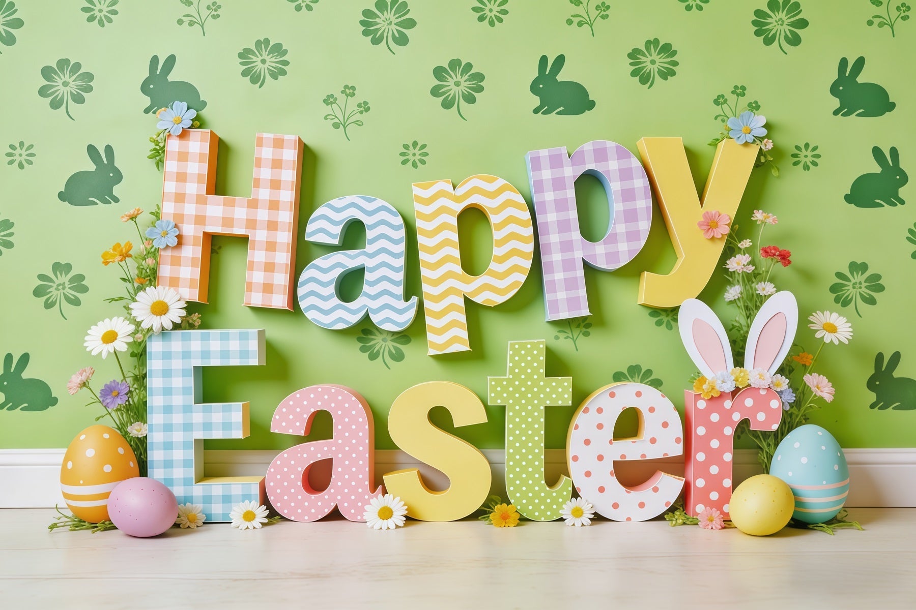 Frohe Ostern Hintergrund Bunte Buchstaben Hasen Eier Fotokabine Ostern Hintergrund Ideen CSH62-65