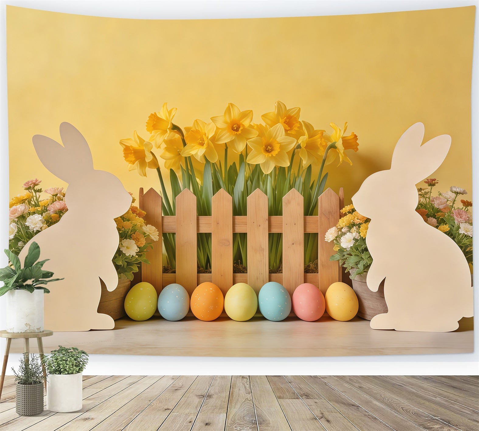 Hintergrund mit Osterhasen-Silhouette, Narzissen, Eiern, Holzzaun, Fotografie, Ideen für Osterhintergründe CSH62-73