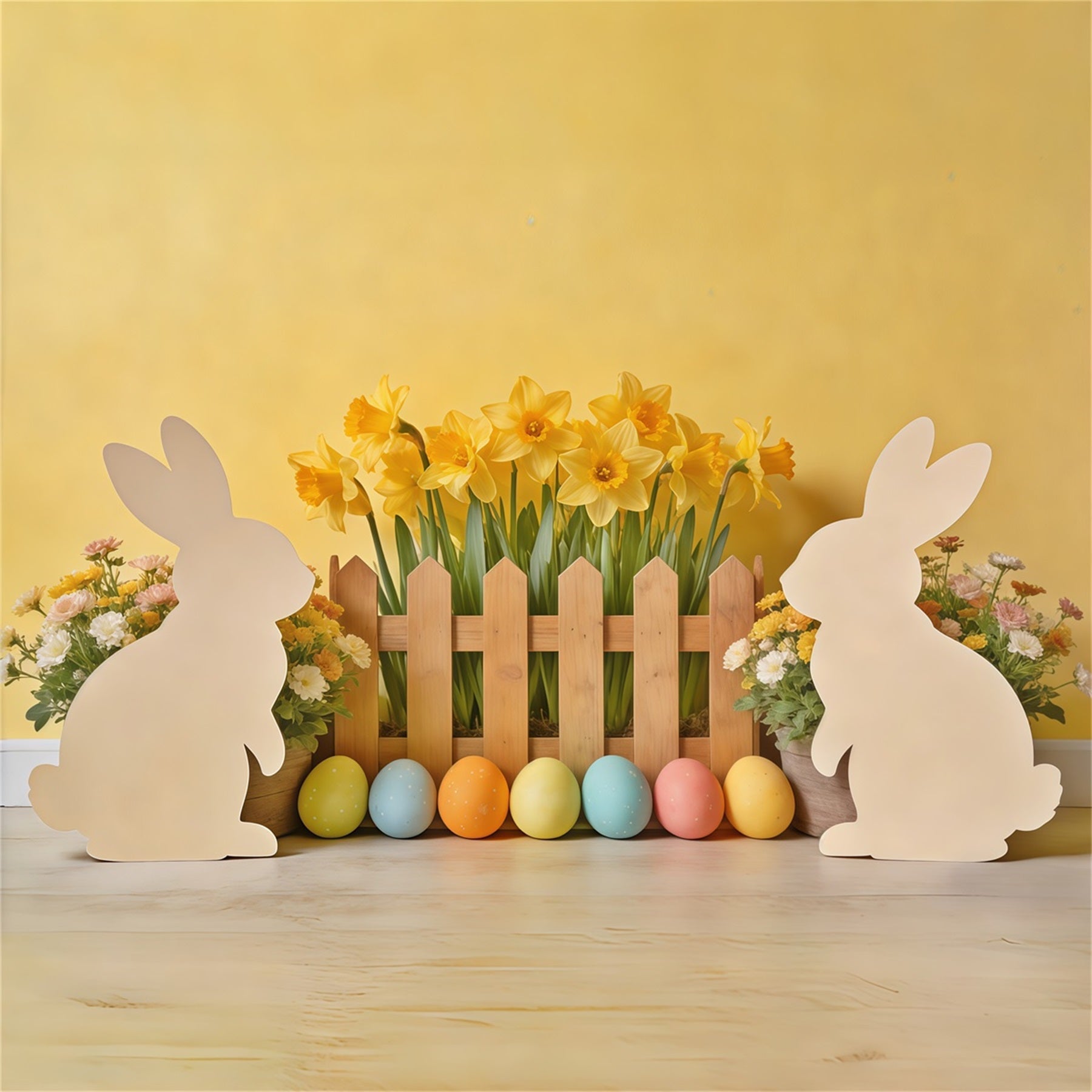 Hintergrund mit Osterhasen-Silhouette, Narzissen, Eiern, Holzzaun, Fotografie, Ideen für Osterhintergründe CSH62-73