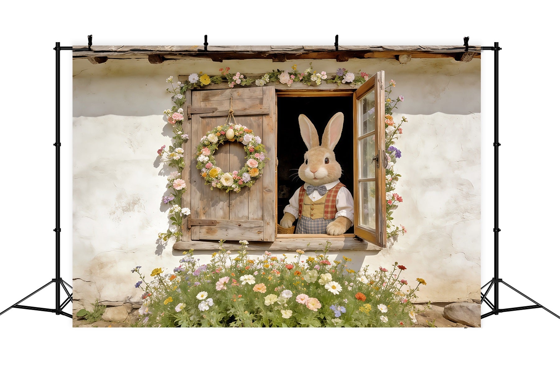 Hintergrund mit Osterkaninchen, Hasenfenster, Blumenkranz, Oster-Spielhintergründe CSH62-74