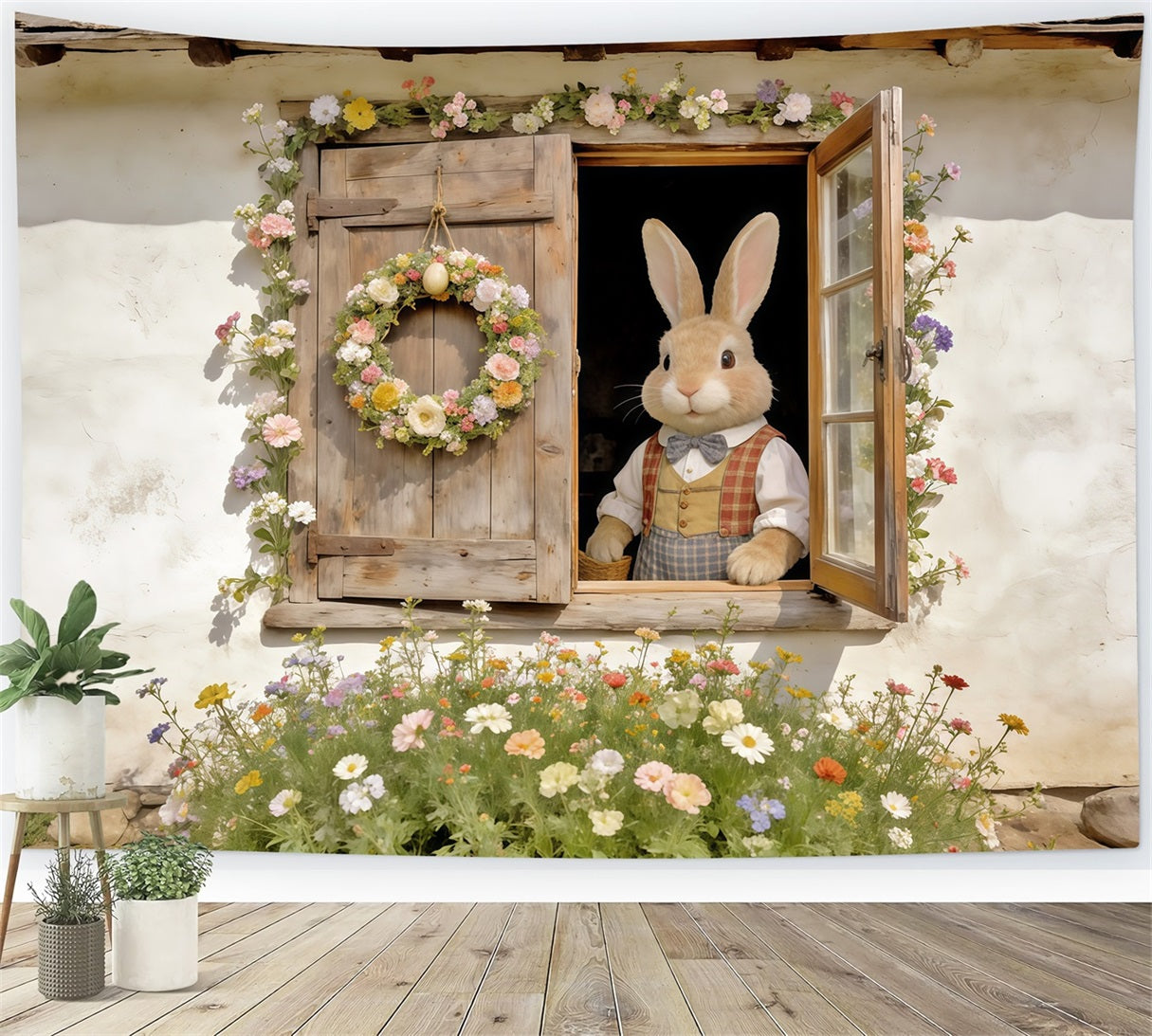Hintergrund mit Osterkaninchen, Hasenfenster, Blumenkranz, Oster-Spielhintergründe CSH62-74