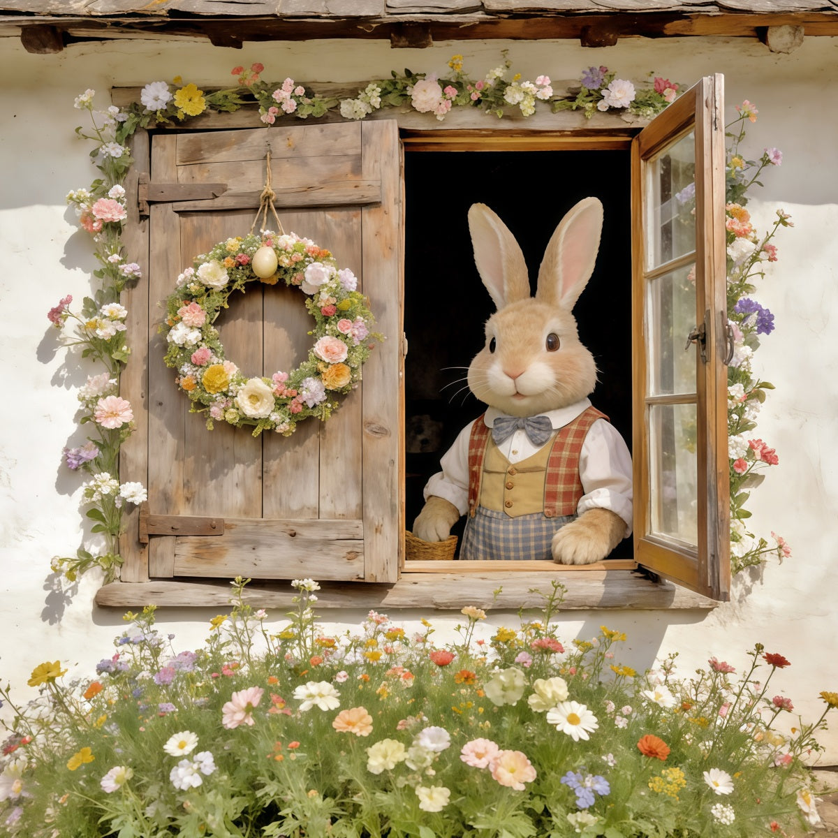 Hintergrund mit Osterkaninchen, Hasenfenster, Blumenkranz, Oster-Spielhintergründe CSH62-74