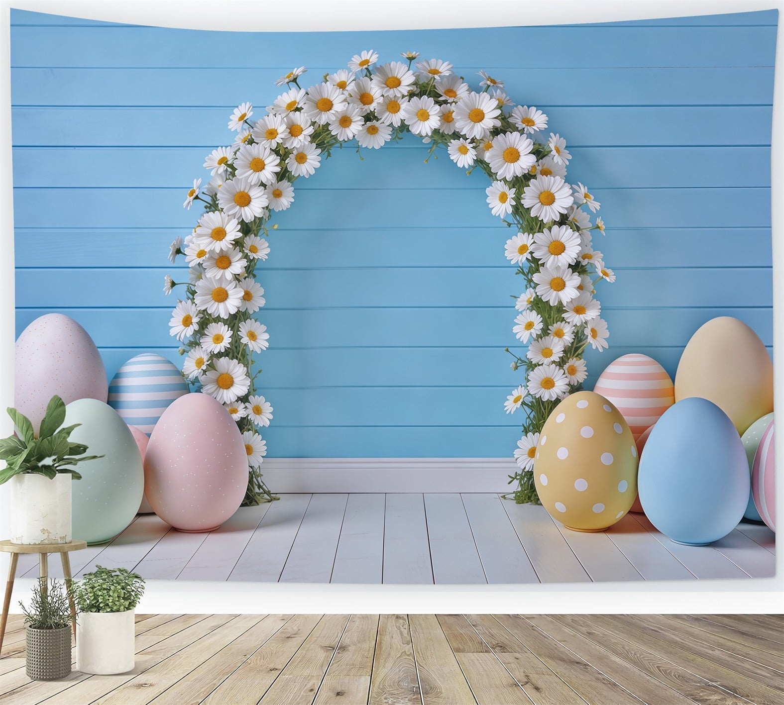 Oster-Frühlings-Blumenkranz-Hintergrund Gänseblümchen-Bogen Pastell-Eier Oster-Fotoshooting-Hintergrund-Ideen CSH62-77