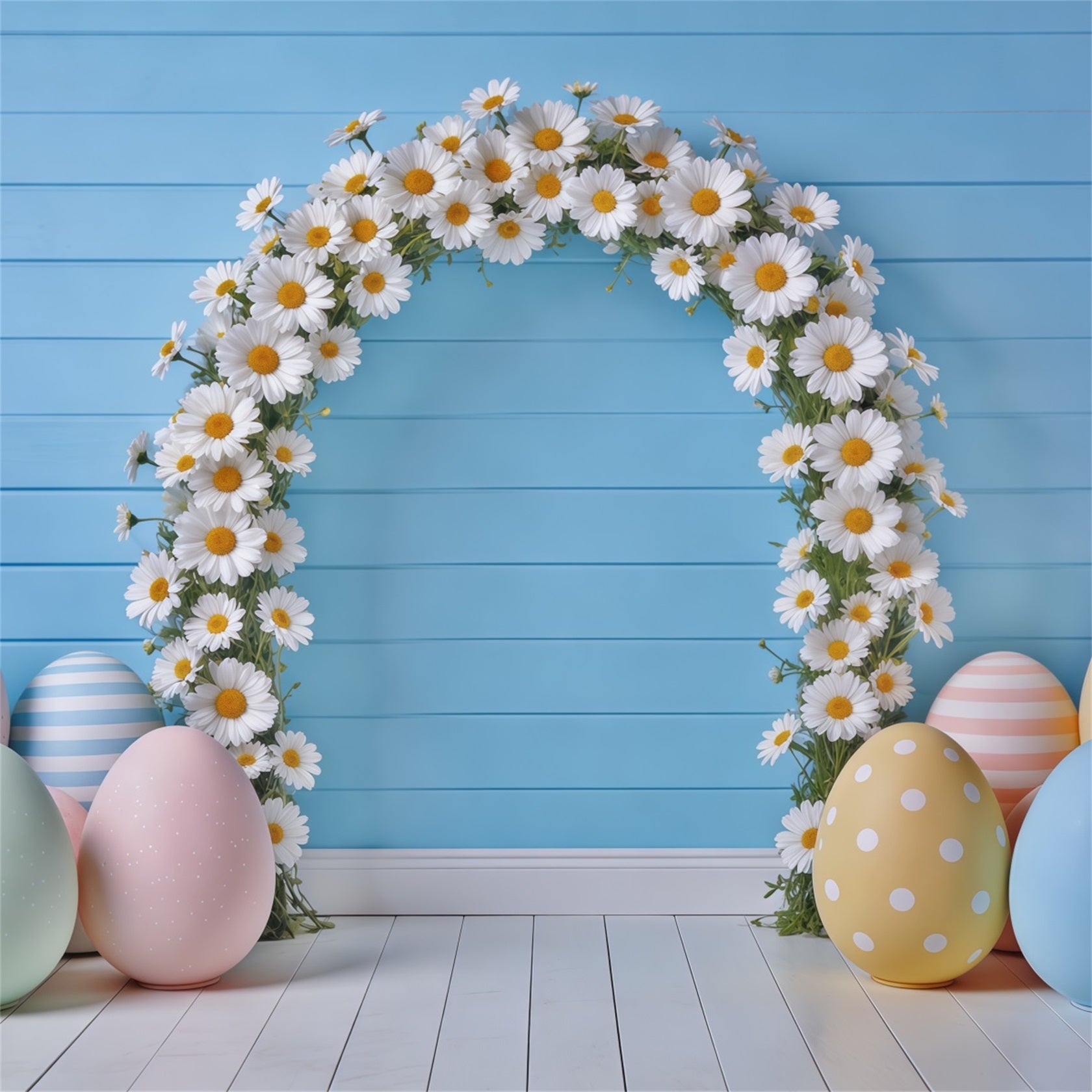 Oster-Frühlings-Blumenkranz-Hintergrund Gänseblümchen-Bogen Pastell-Eier Oster-Fotoshooting-Hintergrund-Ideen CSH62-77