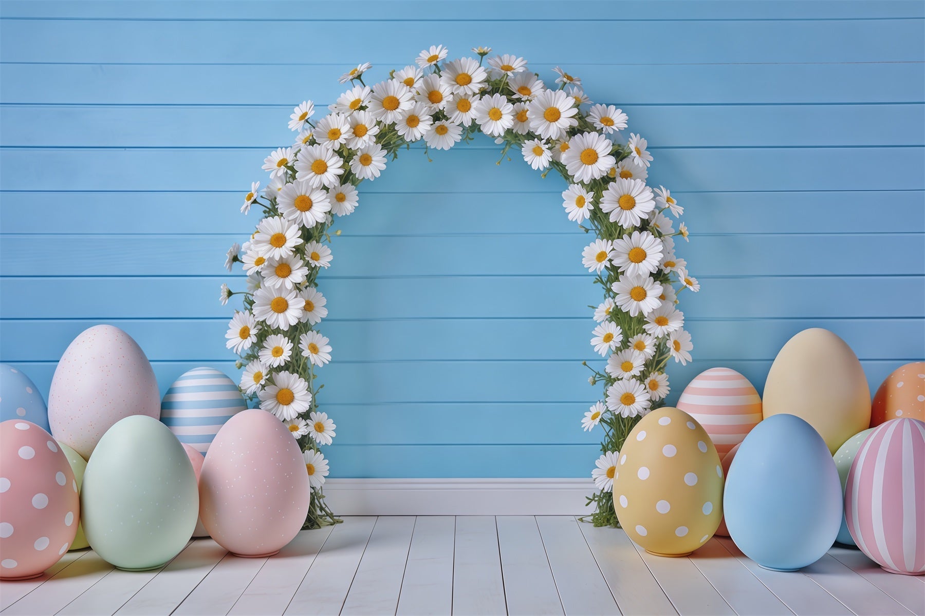 Oster-Frühlings-Blumenkranz-Hintergrund Gänseblümchen-Bogen Pastell-Eier Oster-Fotoshooting-Hintergrund-Ideen CSH62-77