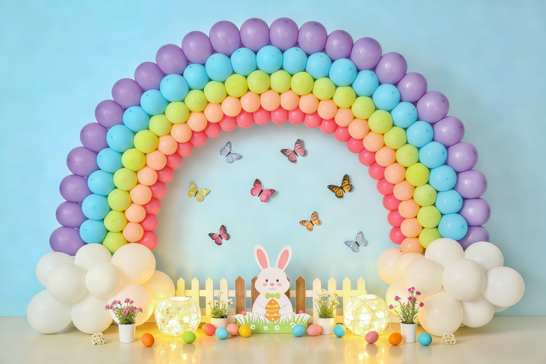 Oster-Schmetterlings-Hintergrund Ballon Regenbogen Hase Zaun Fotografie-Hintergründe für Ostern CSH62-80