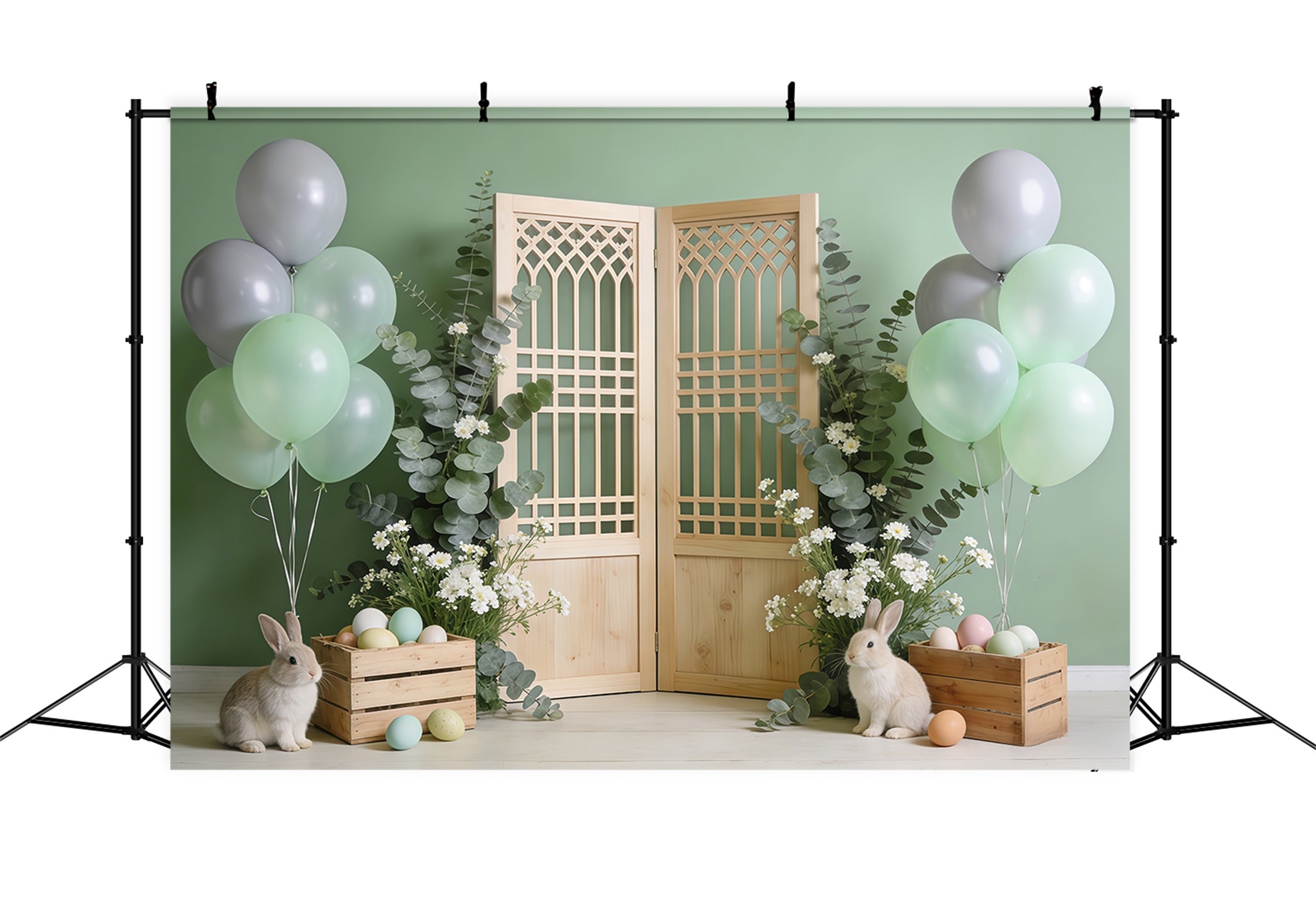 Ostergras-Hintergrund Holztür Hase Kisten Hochauflösendes Oster-Hintergrundbild CSH62-86