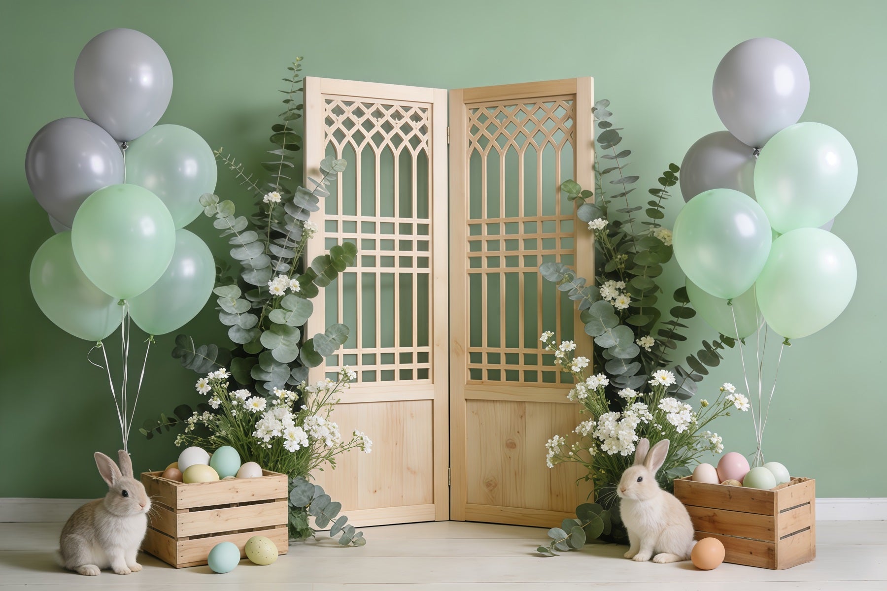 Ostergras-Hintergrund Holztür Hase Kisten Hochauflösendes Oster-Hintergrundbild CSH62-86